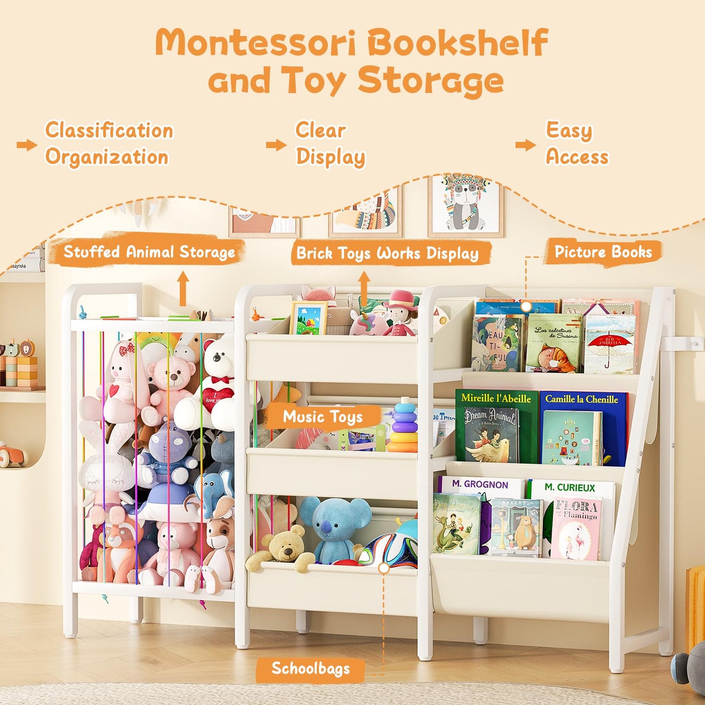 CYXPHION B2 Kids Bookshelf and Toy Storage, 3 Tier Book Shelf for Kids Rooms, Sling Toddler Bookshelf with Stuffed Animal Storage, Montessori Baby Bookcase for Nursery, Bedroom, Playroom, White