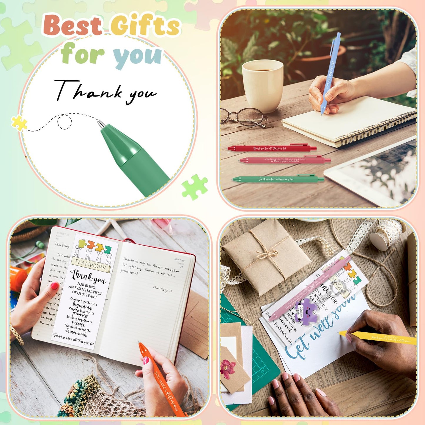 Dunzoom 60 Set CNA Week Gifts Bulk 2026 End of Year Graduation Gifts for Nursing Assistant Teacher Office Staff Employee Appreciation Team Puzzle Keychains & Thank You Pens (Thank You)