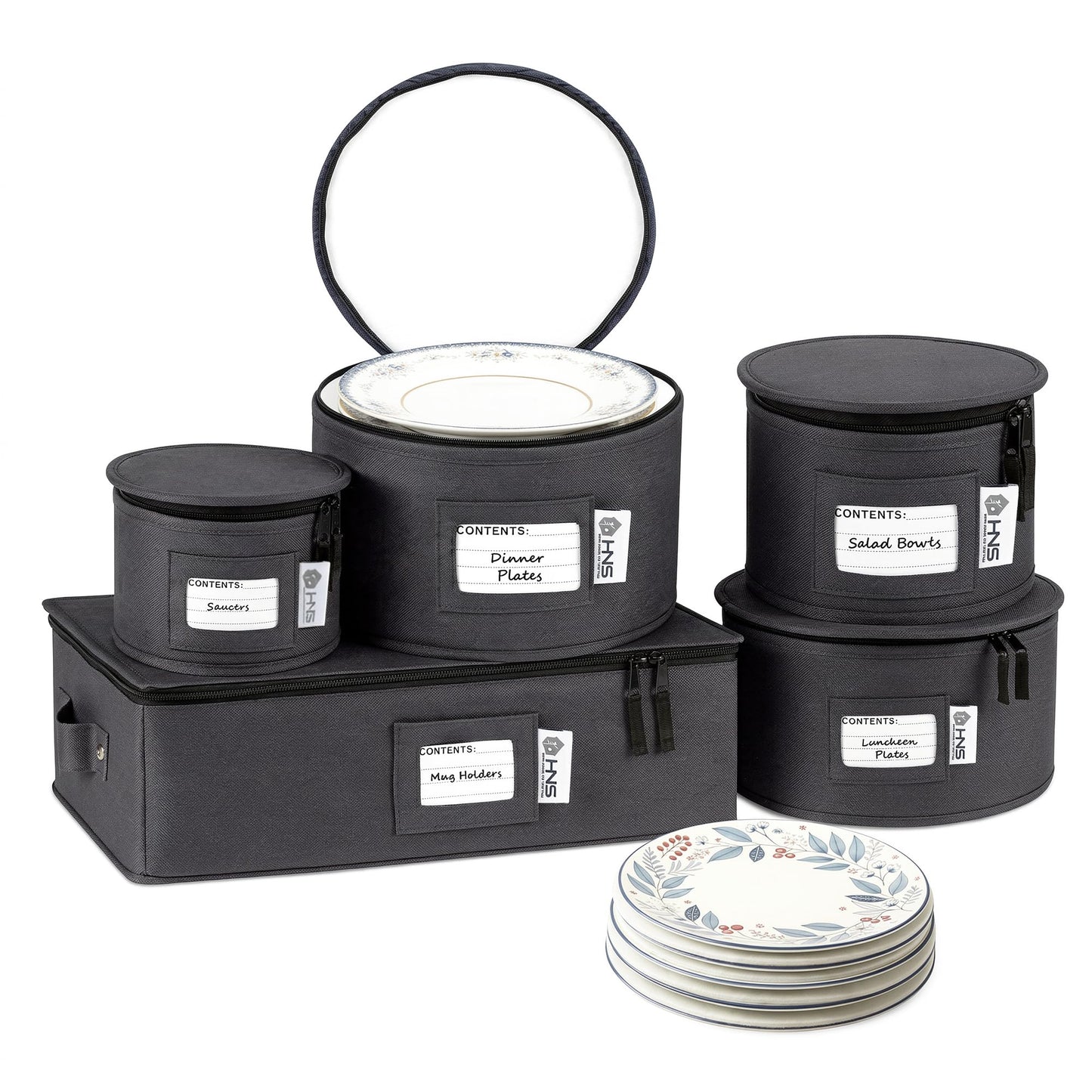 China Storage Hard Shell Containers 5-Piece Set Moving Boxes for Dinnerware, Glasses, Plates, Mugs and Saucers Sturdy Dish Organizer with Dividers for Seasonal Storage - Service for 12 - Black Quilted