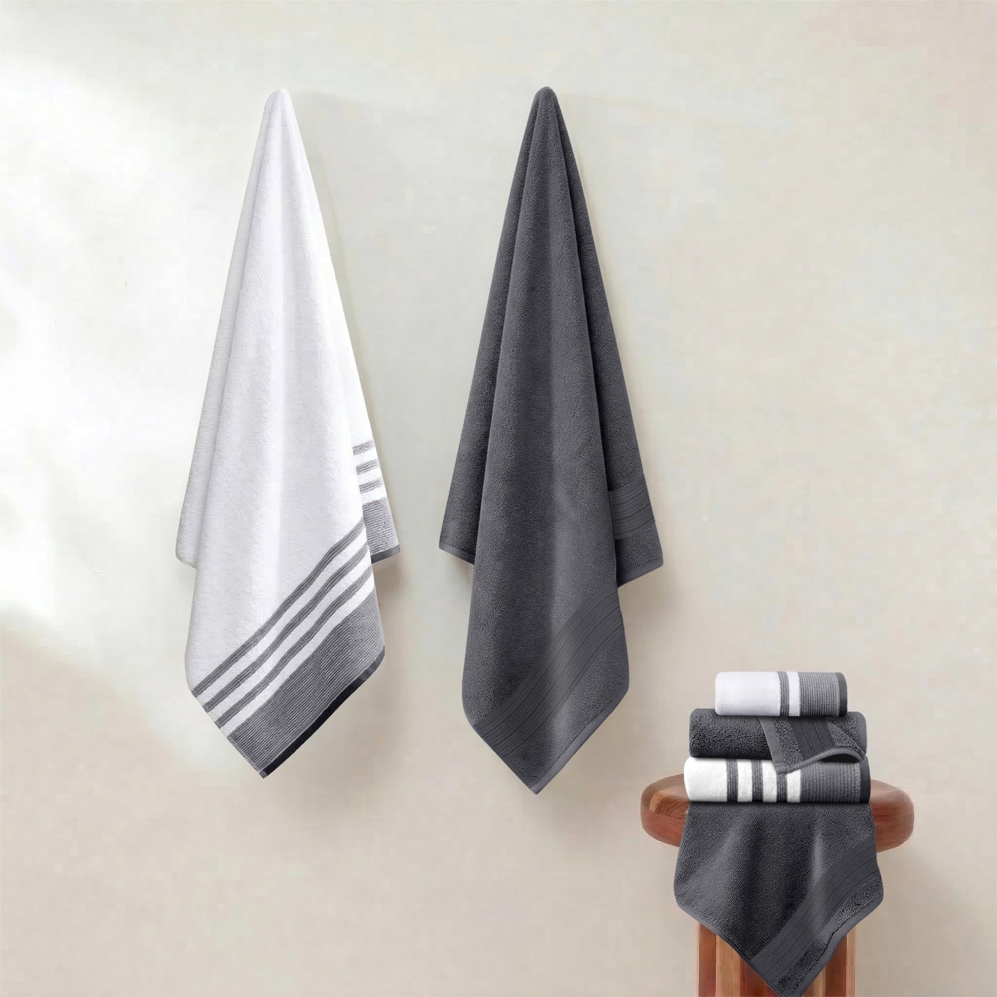 Modern Threads 6-Piece Towel Set – 100% Cotton, Quick Dry, Ultra Absorbent – Includes 2 Bath, 2 Hand, 2 Washcloths (White/Reinhart Charcoal)