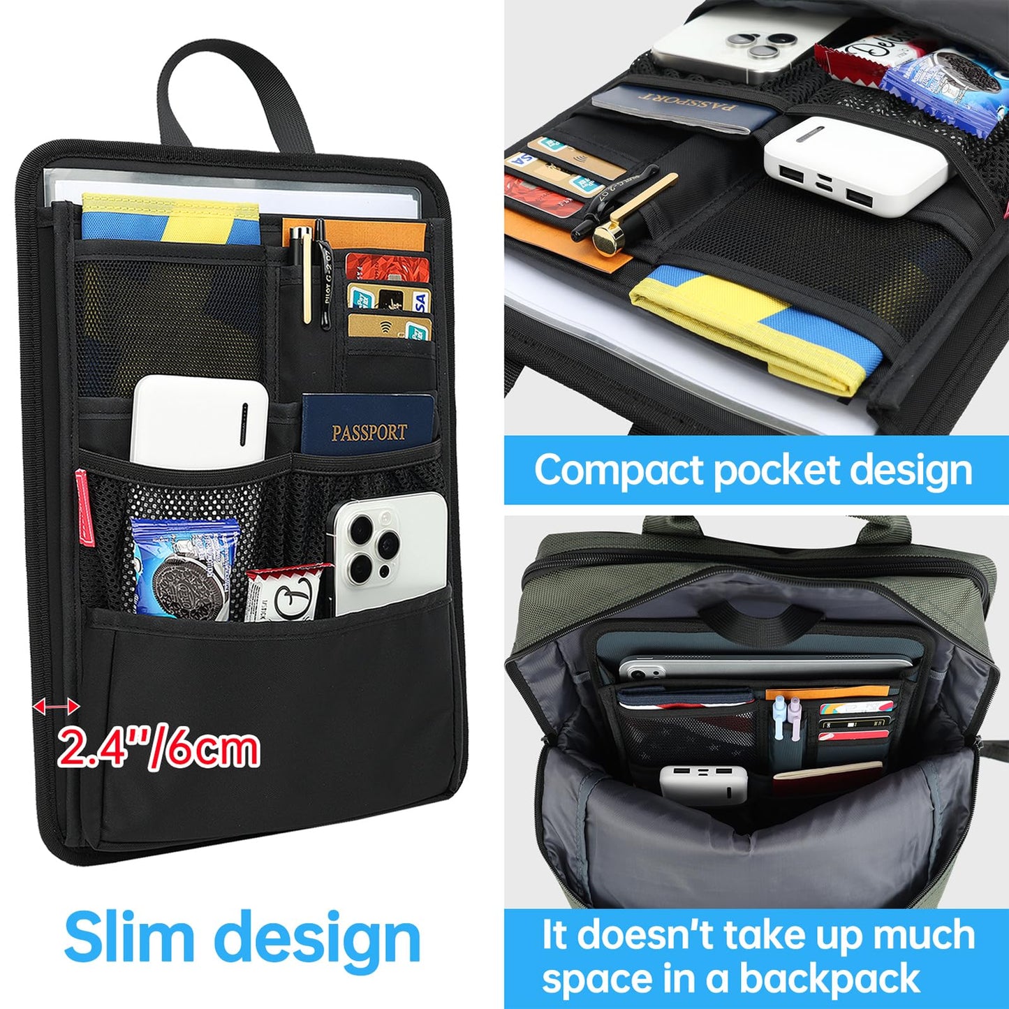 DELTAMANN Slim Rugged Backpack Organizer Insert for Business Casual Men Women -13 Pockets,Padded Nylon,Max 14'' laptop - Black