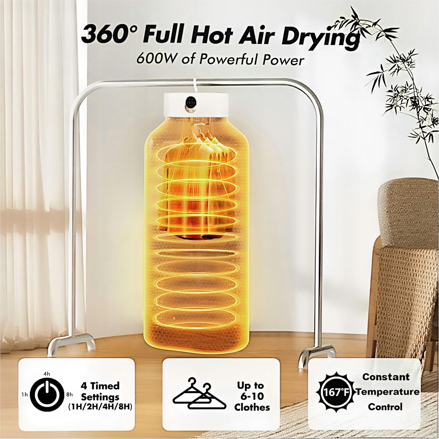 Portable Clothes Dryer for Laundry, Mini & Compact Dryer for Apartment, Dorms, RV, Travel, with 4 Timer Settings (1H/2H/4H/8H), 167°F Constant Temperature