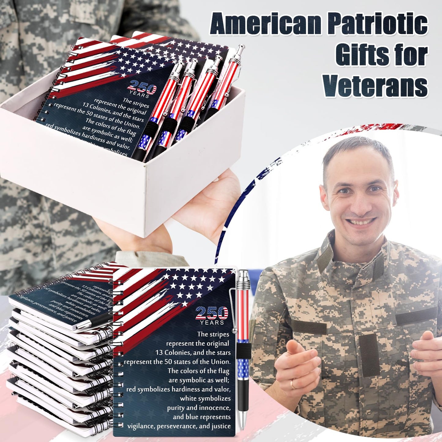 Resurhang 40 Pcs 20 Sets 250th Anniversary Bulk Gifts American Flag Patriotic Notebooks Red White Blue Spiral Journals Military Pens 4th of July Independence Day Gift for Veterans USA Souvenir