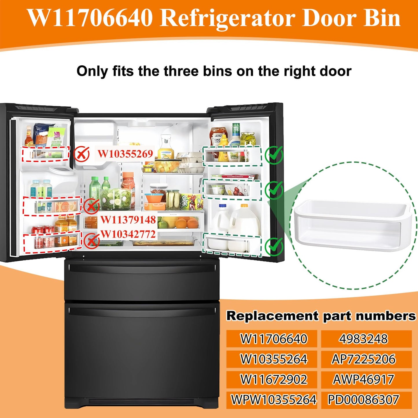 W11706640, W10355264 Door Shelf Bin Compatible with whirlpool, kitchenaid, jenn-air Refrigerators(some models): WRX735SDHZ KFXS25RYMS etc. Fridge Door Bin Replacement W11672902 WPW10355264 AP7225206