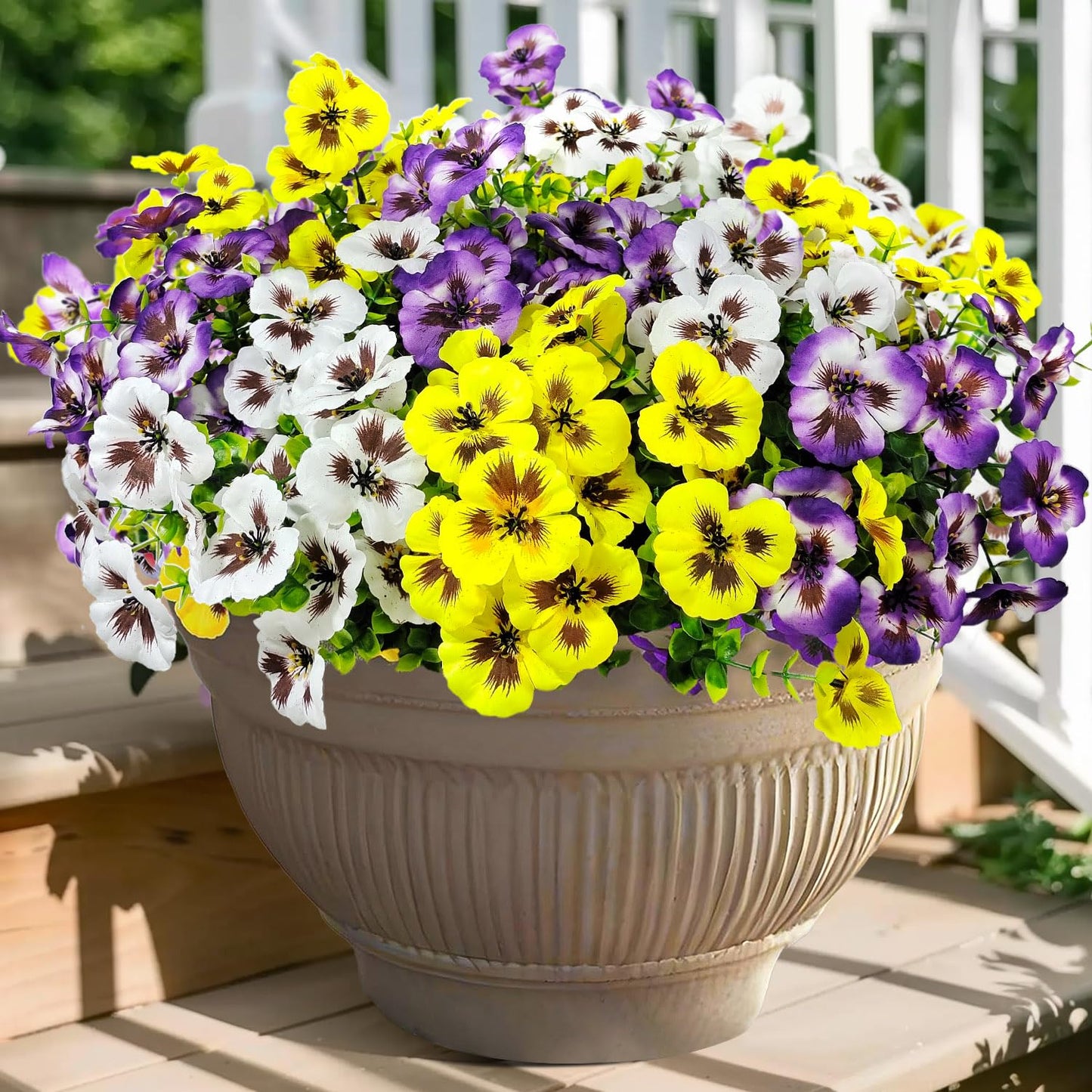 BRIGEA 12 Bundles Artificial Pansy Flowers for Outdoor Faux Silk Flowers UV Resistant for Porch Balcony Patio Garden Home Decor