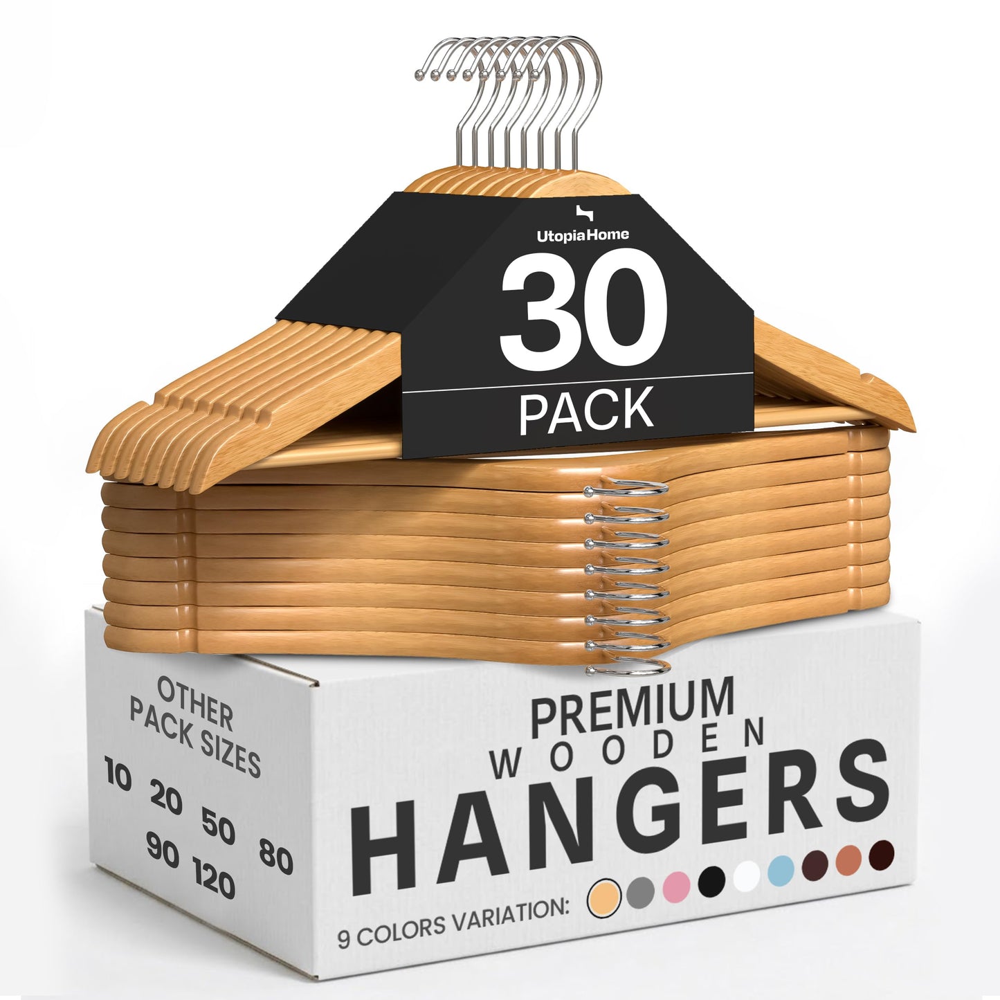 Utopia Home Premium Wooden Hangers 30 Pack - Durable & Slim Coat Hanger - Suit Hangers with 360-Degree Rotatable Hook - Wood Hangers with Shoulder Grooves (Natural)