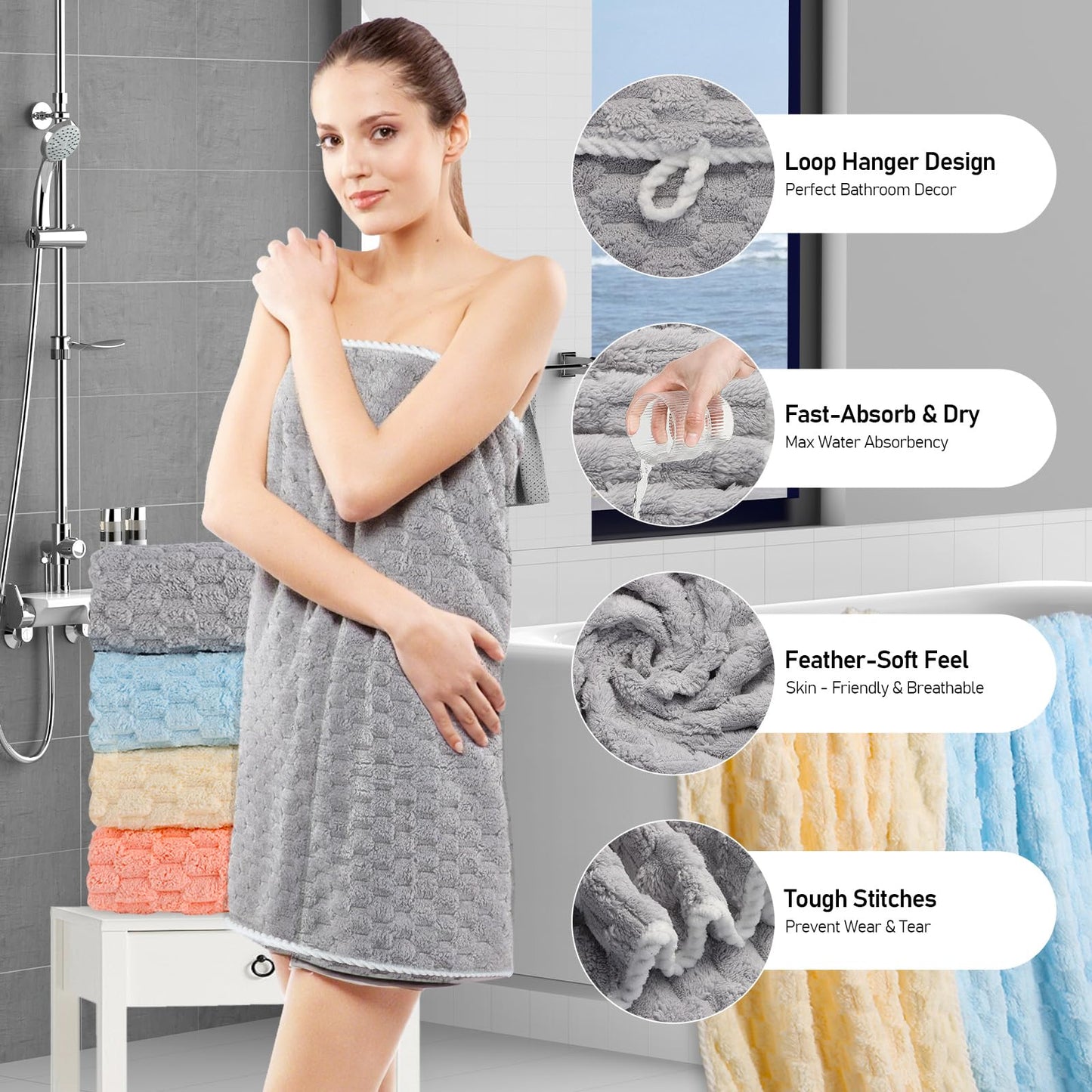 meishiqi 4 Pack Microfiber Bath Towels Large, Super Absorbent, Quick Dry, Plush and Fluffy, 27.5″ x 55″, Luxury Towel Set for Bathroom, Spa, Gym, Travel - Mixed Colors