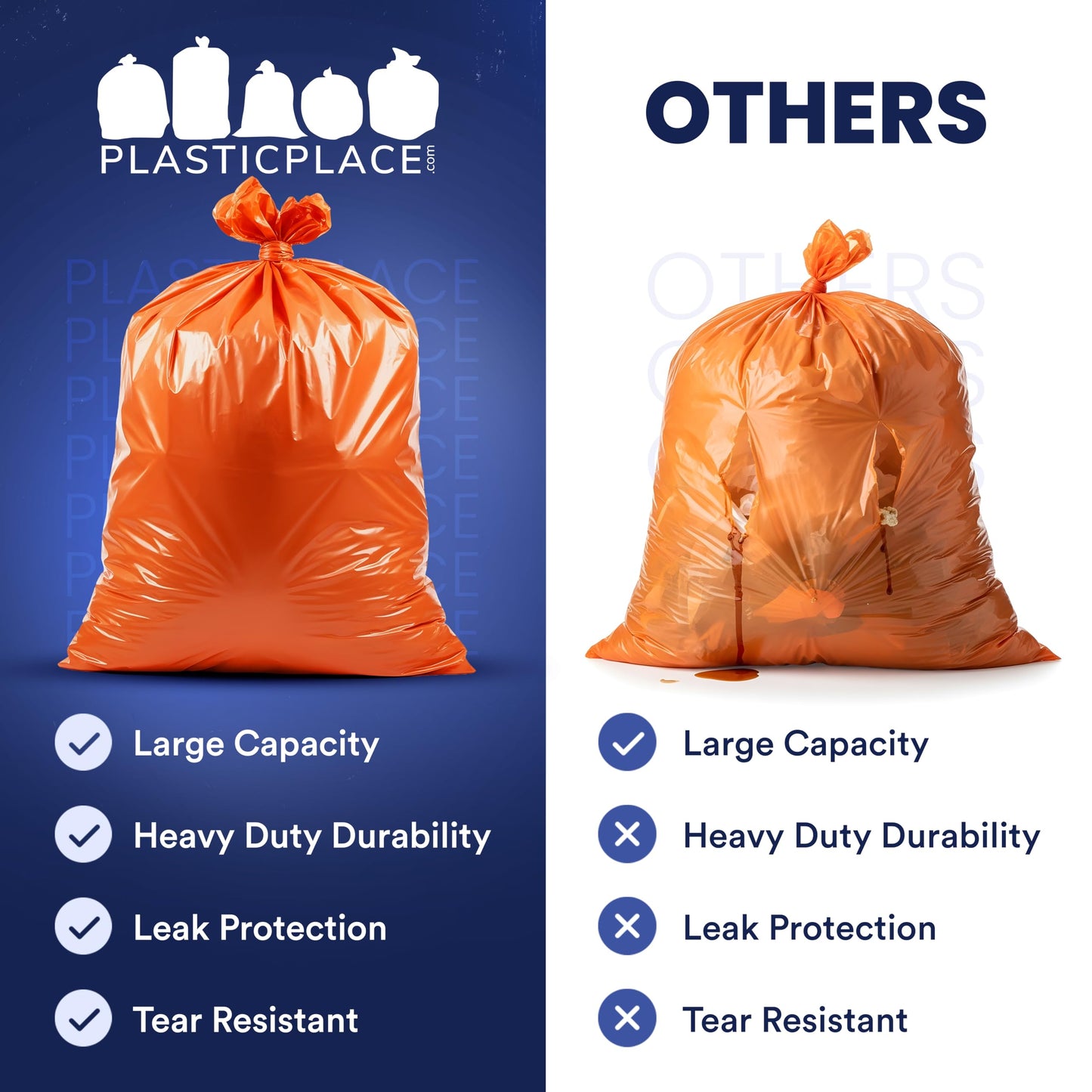 Plasticplace 42 Gallon Trash Bags |3.0 Mil | Orange Heavy Duty Contractor Trash Bags | 33" x 48", 50 Count (Pack of 1)