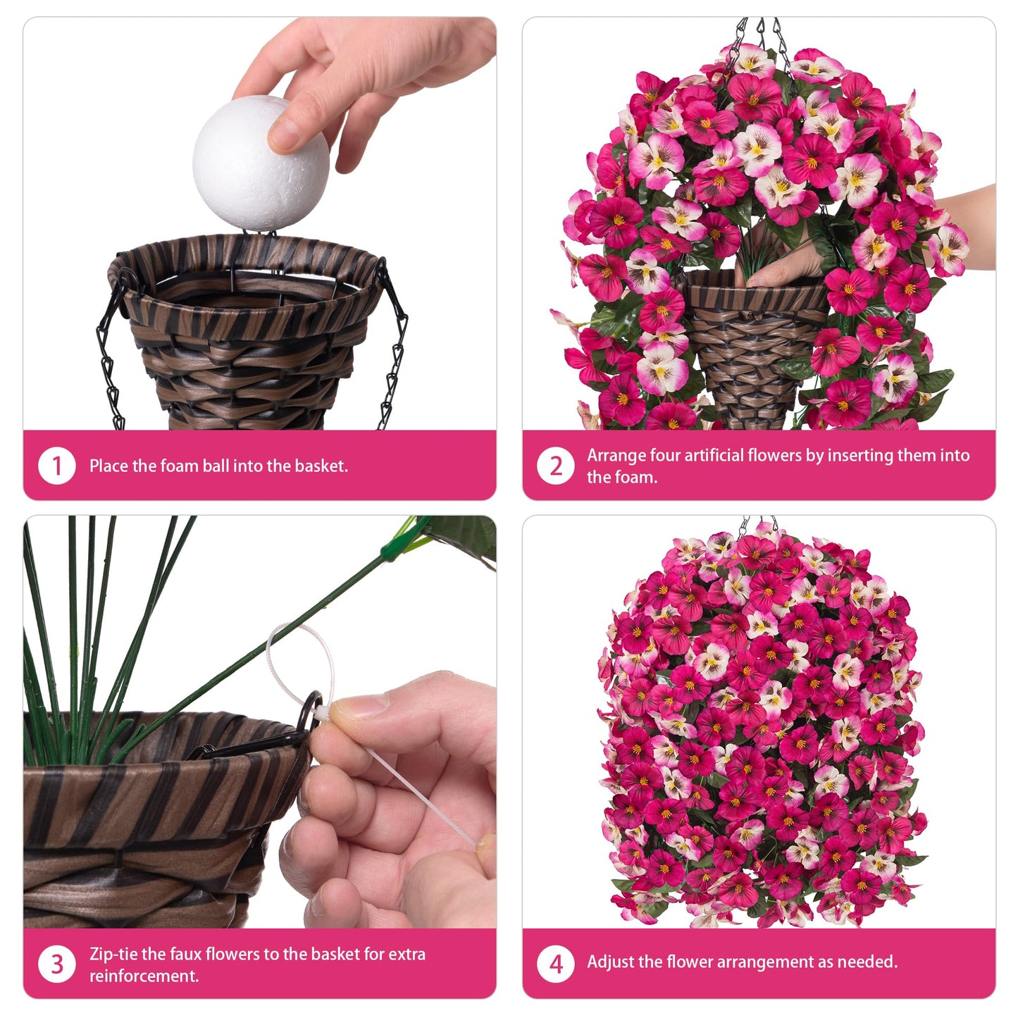 HyeFlora 4pcs Artificial Flowers for Outdoors Fake Pansy with Hanging Basket UV Resistant Silk Spring Faux Flowers for Outside Front Door Porch Yard (Mix Rose)