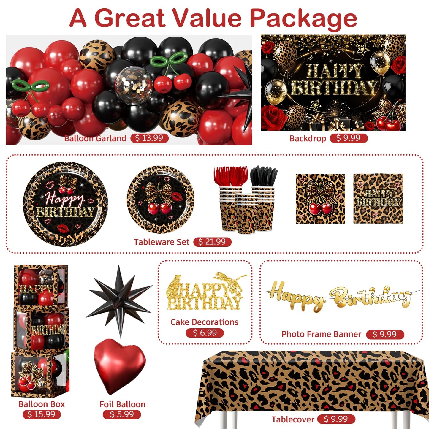 Cocomigo 258pcs Cheetah Print Birthday Decorations, One-stop Set for 25 People, Includes 350gsm Plates Pre‑threaded Banner Backdrop and Tablecloths, Cheetah and Cherry Birthday Decorations for Female