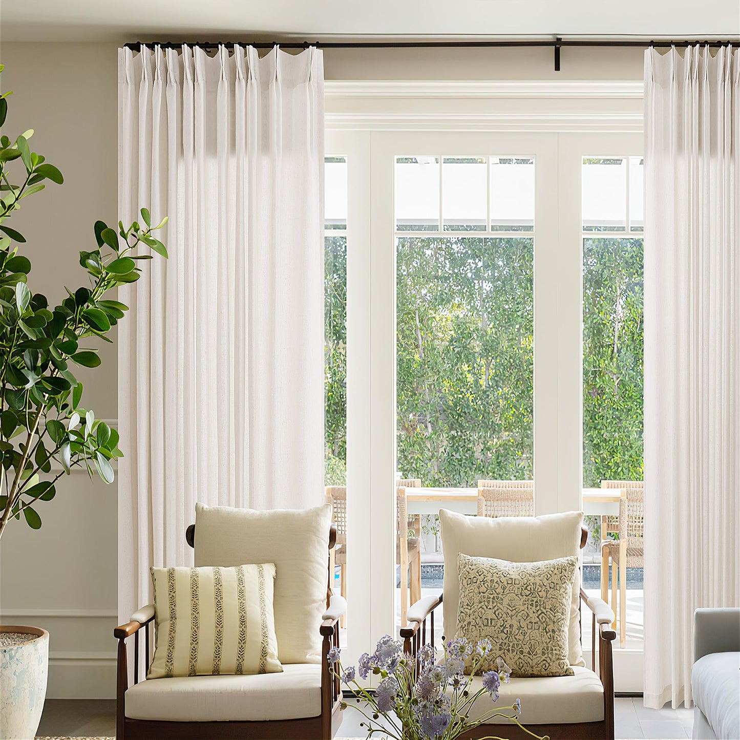Pinch Pleated Extra Wide Linen Curtains 84 Inches Long for Patio Sliding Glass Door Cream Ivory 72 Inch Wide Pleated Drapes with Hooks Rings Neutral Natural Semi Sheer 72x84 Curtain for Living Room