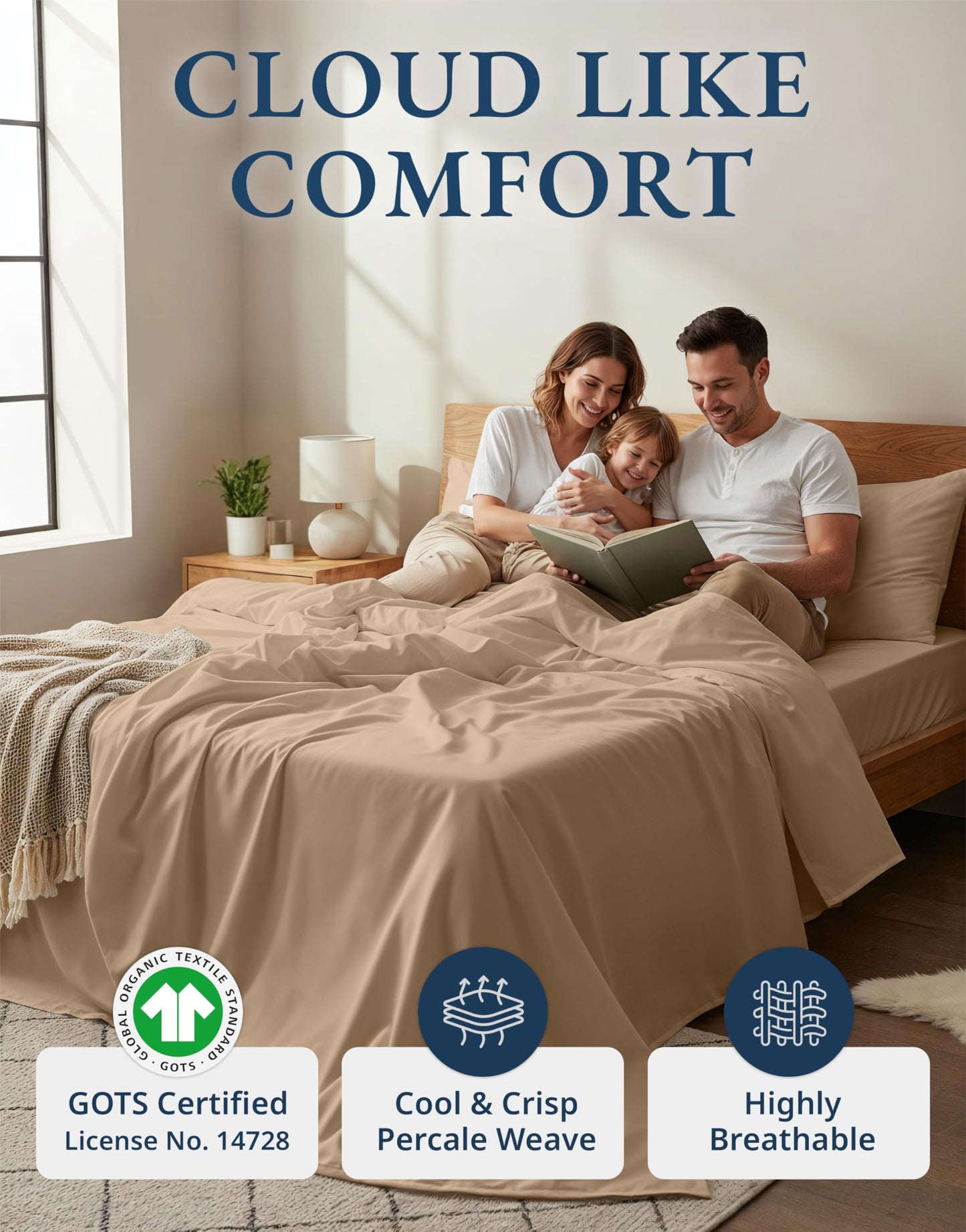 LANE LINEN 100% Organic Cotton Sheets Set, Long- Staple Percale Weave Ultra Soft Best- Bedding Sheets for Bed, GOTS Certified, Fits Mattress Upto 15inch Deep Pocket (King, Taupe)