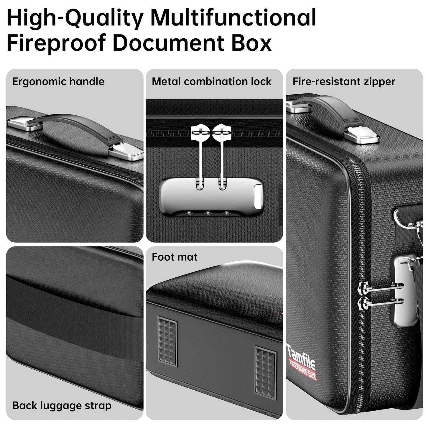 Tamfile Fireproof Document Box, Hard Case 5200°F Fireproof Water Safe File Box with Lock, 8-Layer Fireproof Safe File Organizer for Important Documents, Valuables, Laptop, Passports (Black)