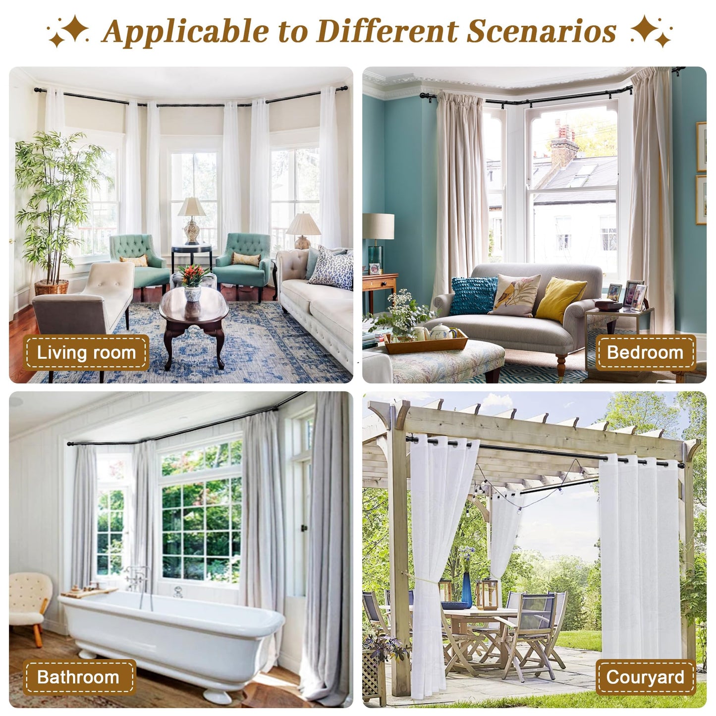Bay Window Curtain Rods, U shaped Adjustable Curved Curtain Rods for Windows 59 to 184 Inches, Black 1 inch Renter Friendly Heavy Duty Curtain Rods with Brackets for Bedroom, Living Room Curtains