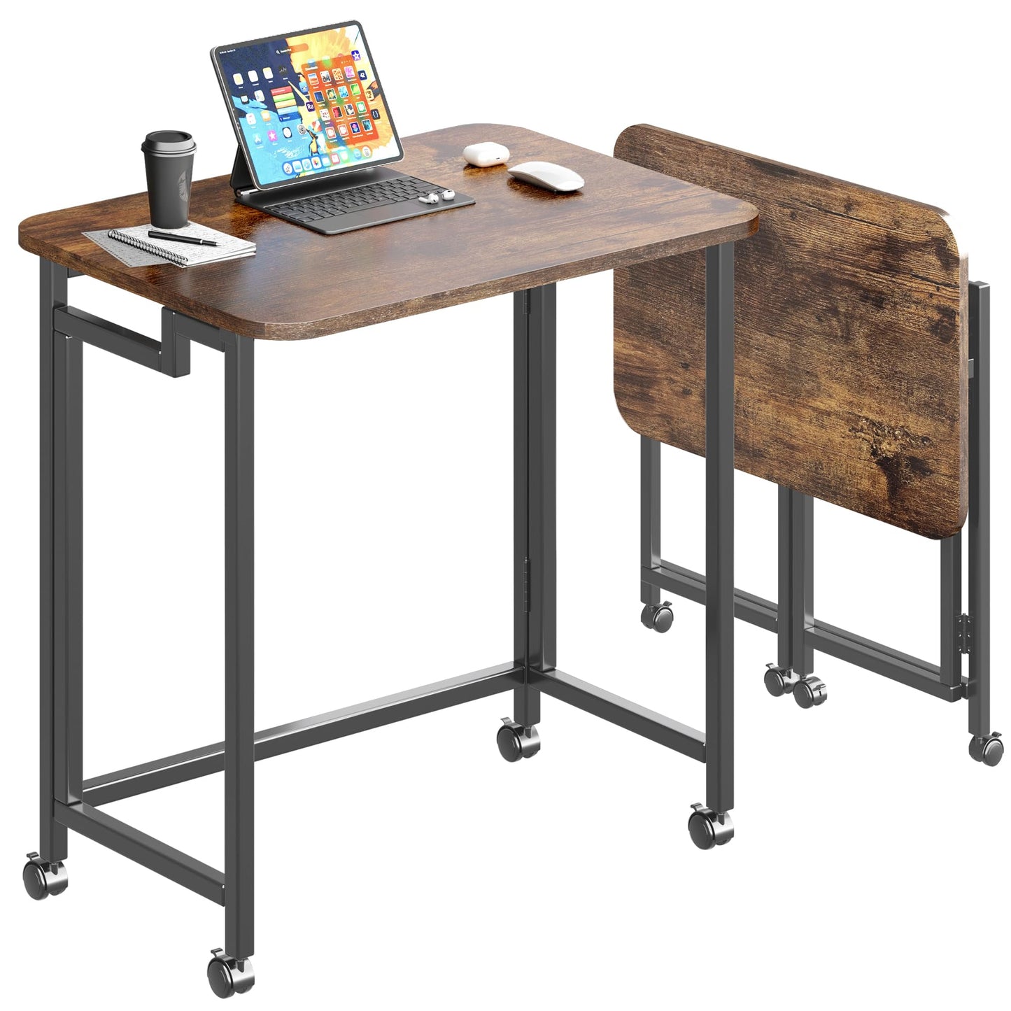 JSB Small Folding Computer Desk with Storage Bag and Hook Writing Modern Industrial Work Table Laptop for Home Office White (Rustic & Brown, 23.6")