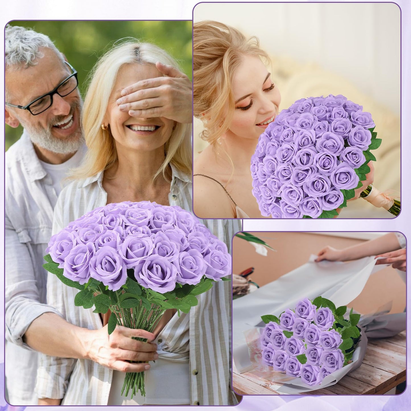 Ovveroche 72 Pcs Artificial Roses Light Purple Fake Silk Roses Realistic Roses Faux Flower Indoor Wedding Home Decor, Birthday Decorations