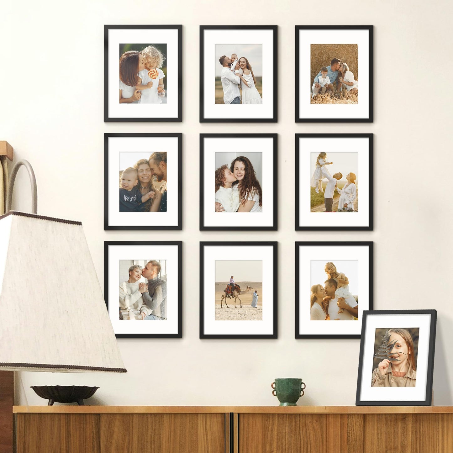 Fisnish 11x14 Picture Frame Sef of 10, Display Pictures 8x10 with Mat or 11 x 14 Without Mat, Photo Frame Collage for Wall Gallery Decor, Hanging or Tabletop Display, Black