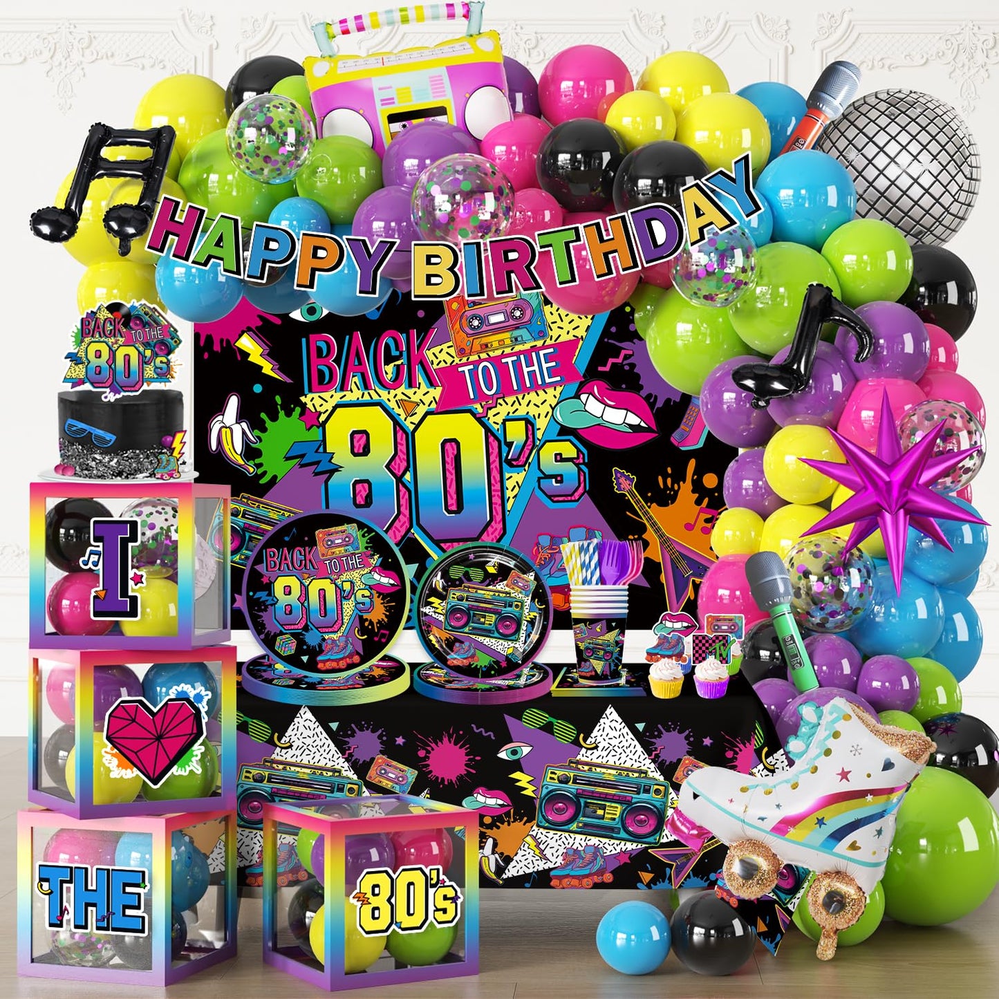 277pcs 80s Party Decorations Serves 25, All-in-one Set with Back To The 80's Backdrop Tableware Balloon Arch Tablecloth Balloon Box Cupcake Topper Table Decor, Etc. for 80s Party Decorations