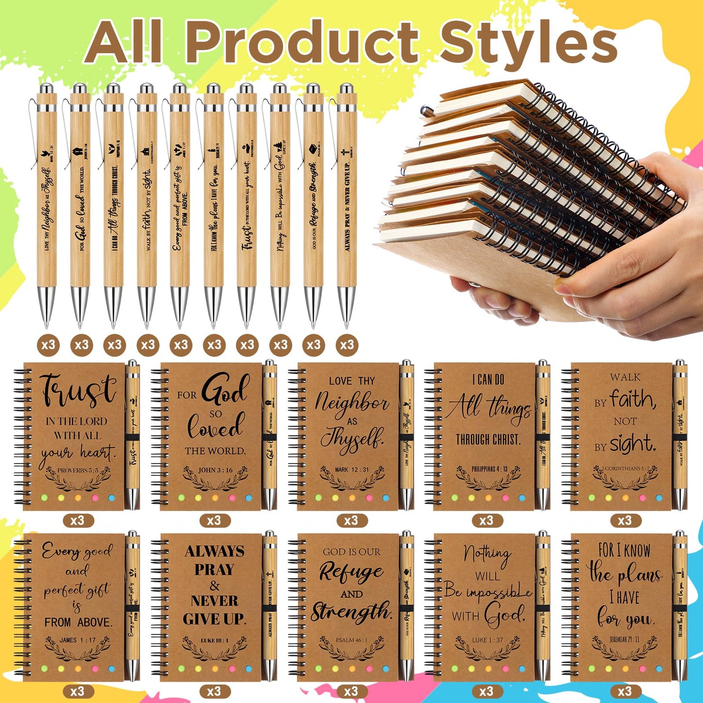 Spakon 60 Pcs/ 30 Set Mother's Day Christian Gifts Bulk Christian Bible Journals & Sticky Notes Gift Set with Pens for Father's Day Church, Pastor, Employee Appreciation, Christmas & VBS(Kraft)