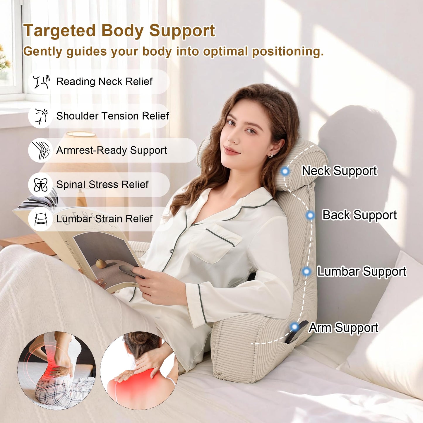 Ailuteie Reading Pillow for Sitting Up in Bed, Corduroy Backrest Pillow with Arms, Side Pocket & Washable Cover, Bed Rest Pillow Back Support for Adults, Beige Gray