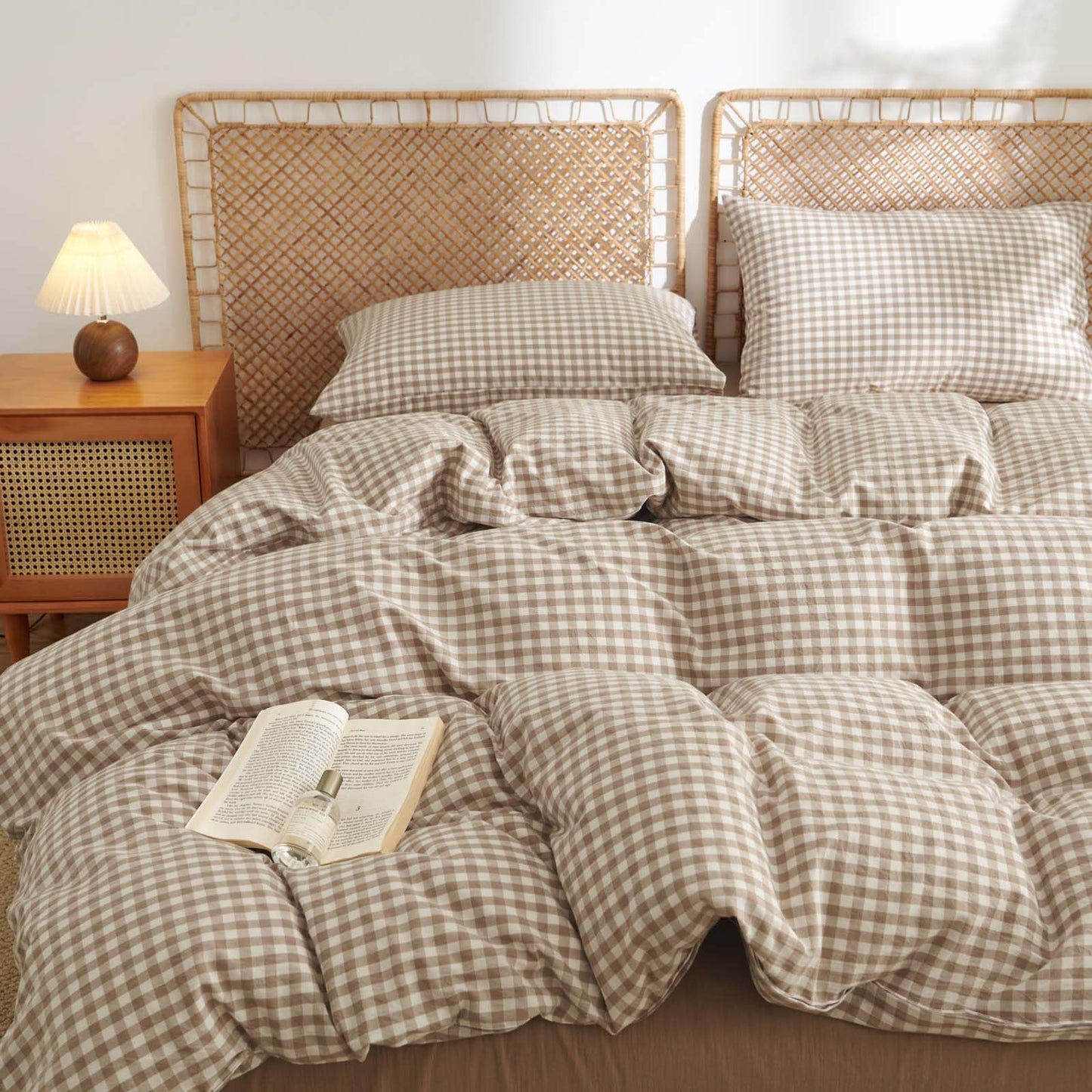 Nayoroom Gingham Duvet Cover Queen Size 100% Washed Cotton Brown Tan Plaid Checkered Comforter Cover 3 Pcs Soft Breathable Grid Farmhouse Dorm Bedding Set for All Seasons