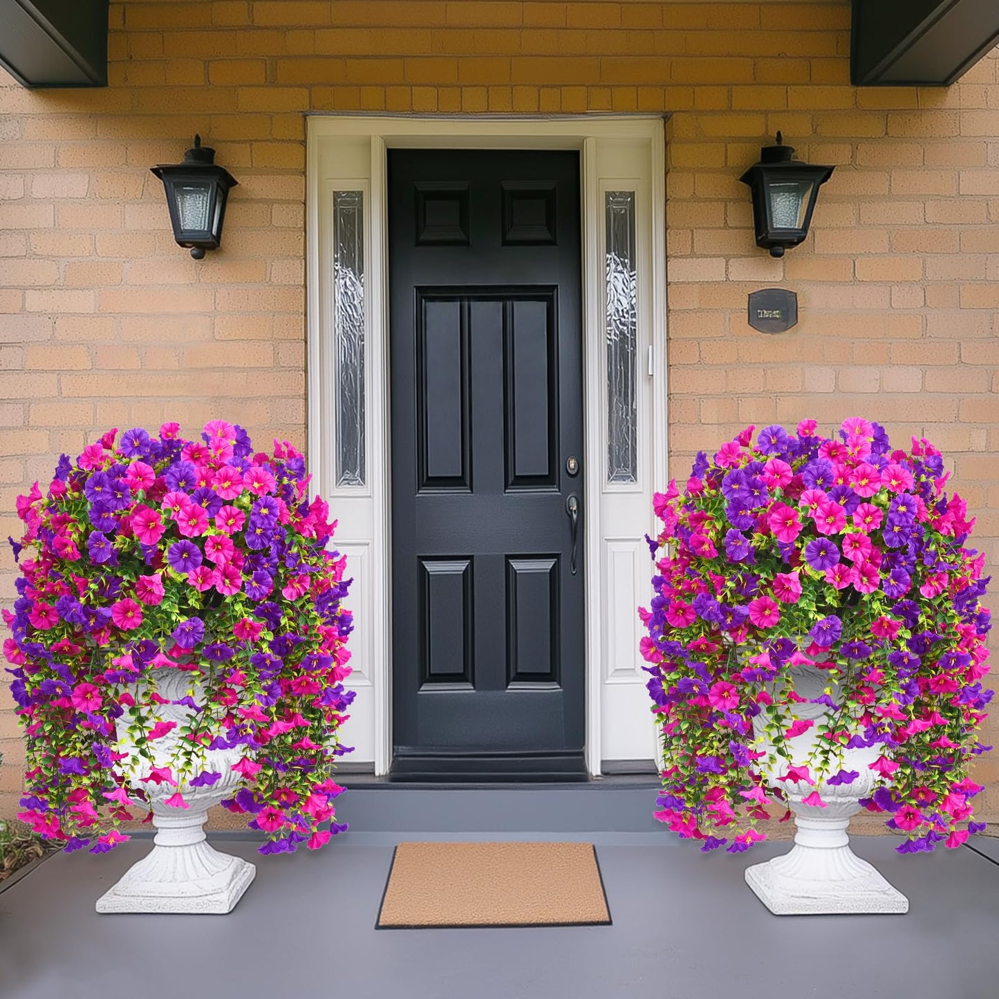 Dolicer 4 Packs Look Real Artificial Flowers for Outdoors, Fake Artificial Hanging Flowers for Outdoors Realistic UV Resistant Hanging Flowers Silk Petunia Faux Flowers for Porch Patio(Purple+Fuchsia)