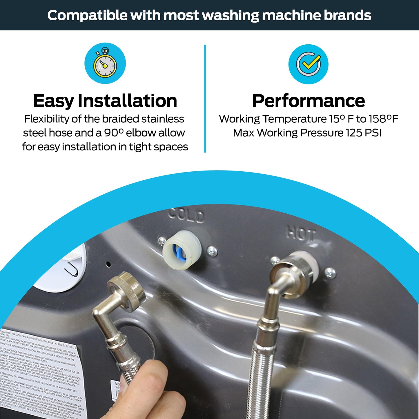 Eastman 6 ft Washing Machine Hose Connectors with Elbows, Pack of 2, 3/4 in FHT x 3/4 in FHT, Braided Stainless Steel, 41066