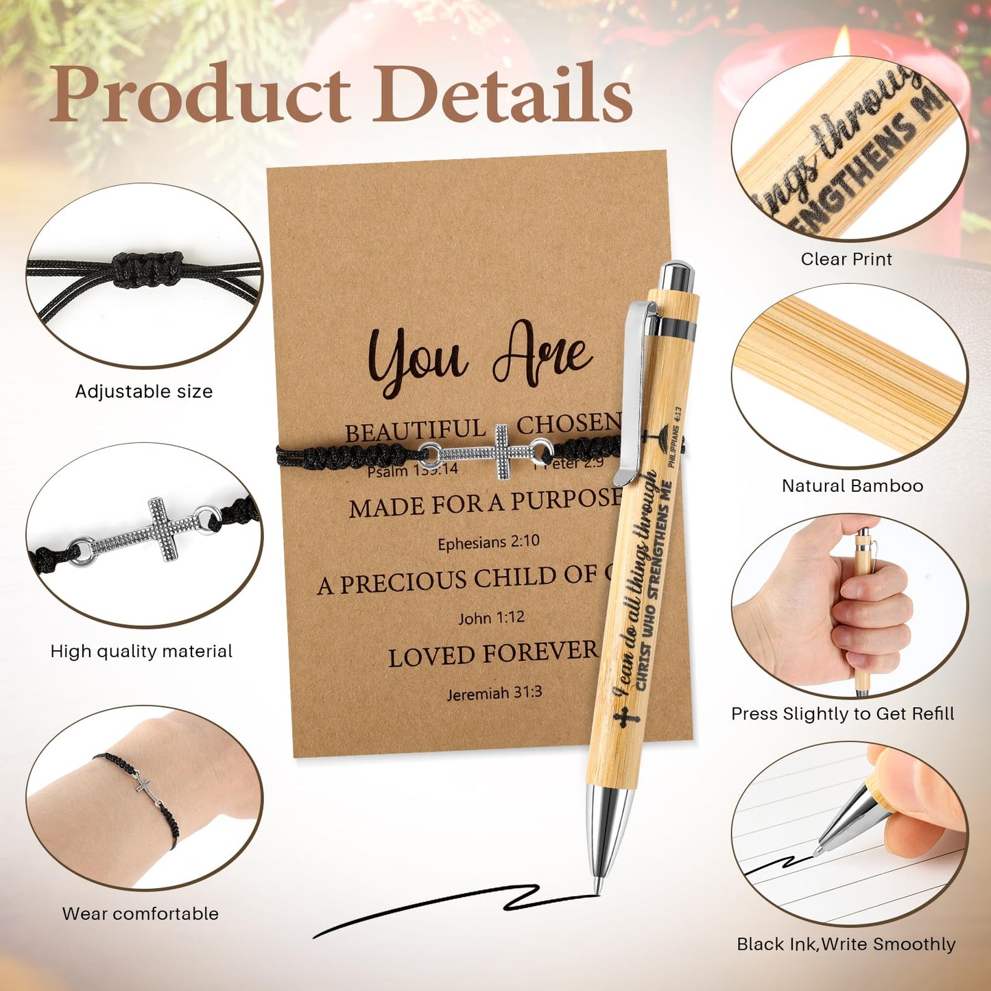 48 Sets Christian Gifts Bulk Include Bible Verse Inspirational Bamboo Pens Friendship Cross Bracelets Inspirational Cards and Organza Bags for Women Men Church Office School Journal Party Favors