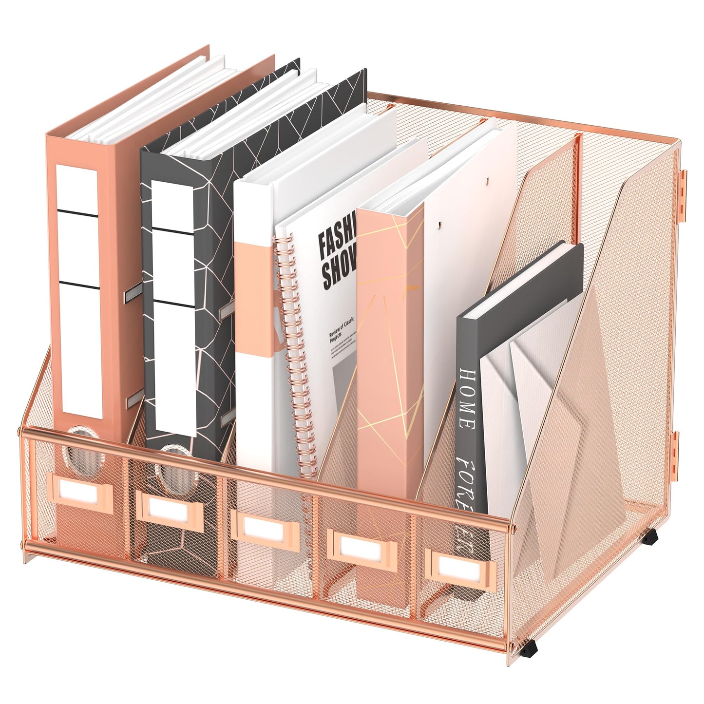 DALTACK Desk Organizers Metal Magazine File Holder with 5 Vertical Compartments Folder Storage Binder Organizer for Office Home School Organization, Rose Gold, Plus