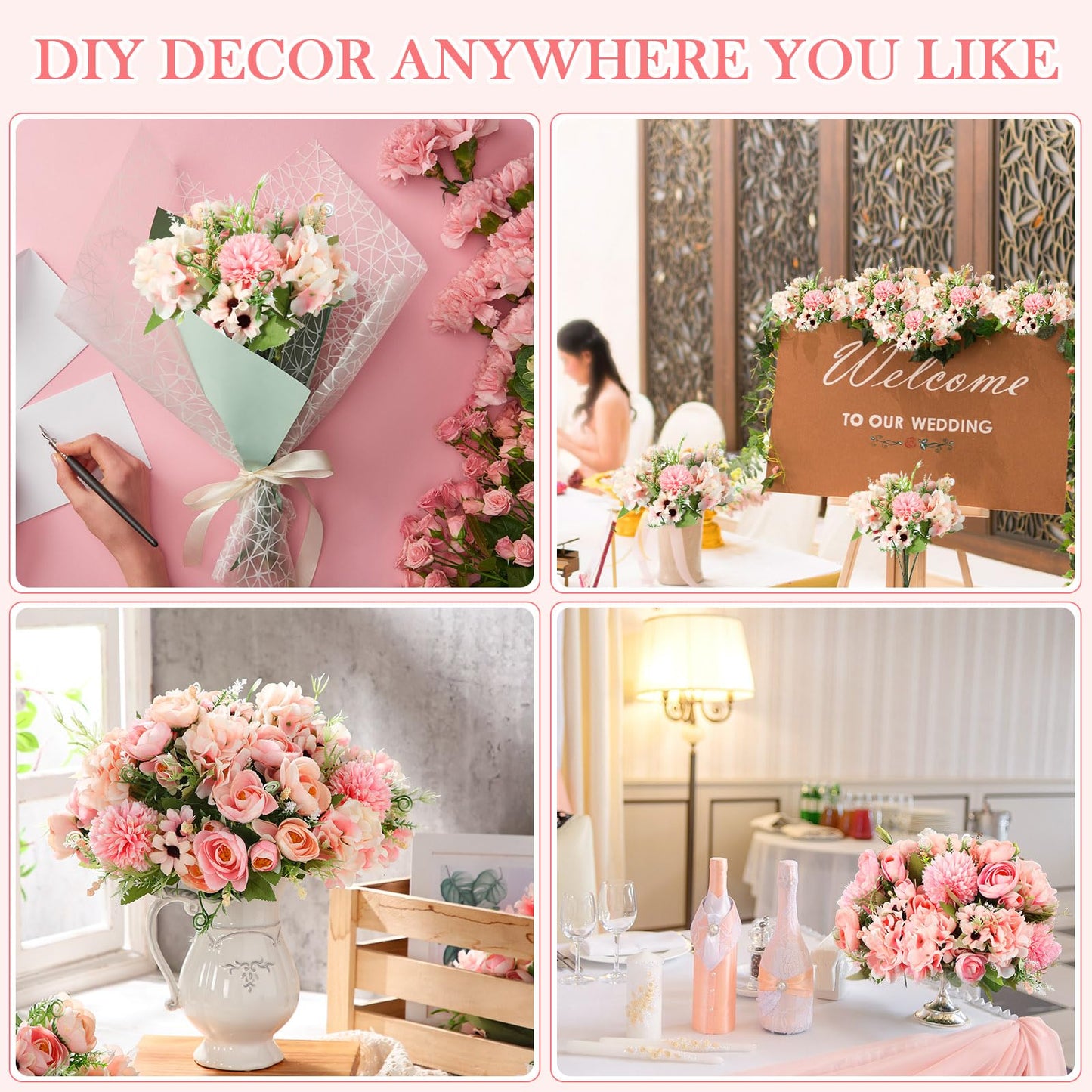 Tigeen Peonies Artificial Flowers Faux Roses Silk Flowers Hydrangea Artificial Bouquet for Wedding Table Centerpiece Floral Vase Home Office Bridal Decor(Pink,12 Bundles)