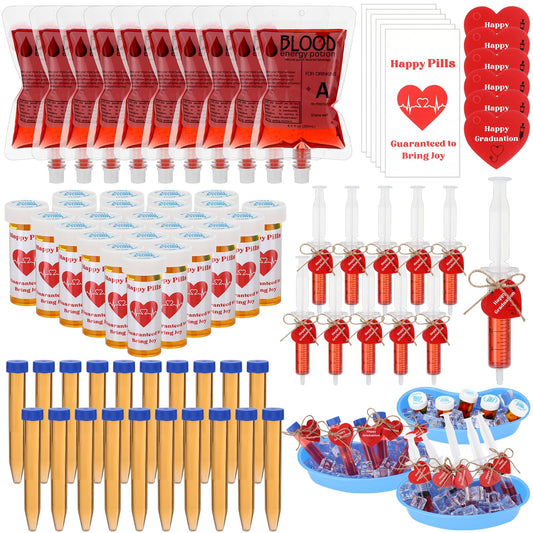 123 Pcs Nurse Graduation Party Supplies Set, Iv Blood Bag for Drink Dram Pill Bottles Test Tube Syringe Kidney Basin for Nurse Week Bsn Rn Lpn School College Nursing Graduation Party Favors Decoration