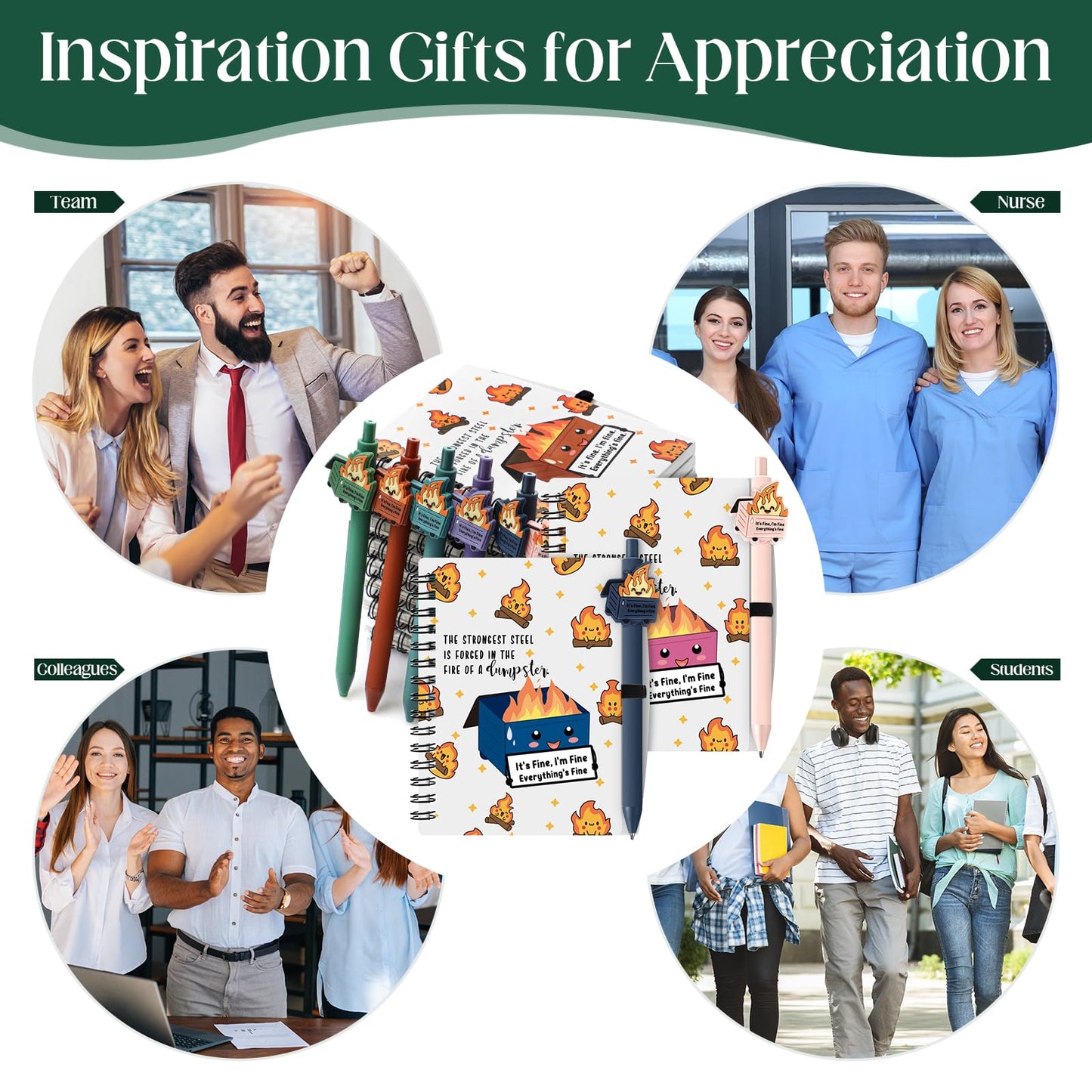Resurhang Dumpster Fire Gifts Bulk Funny Coworker Employee Appreciation Gifts, A6 Notebooks Pens Set for Nurse Appreciation, Office Team Staff, Teacher, Volunteer(60 Pcs,Colorful)