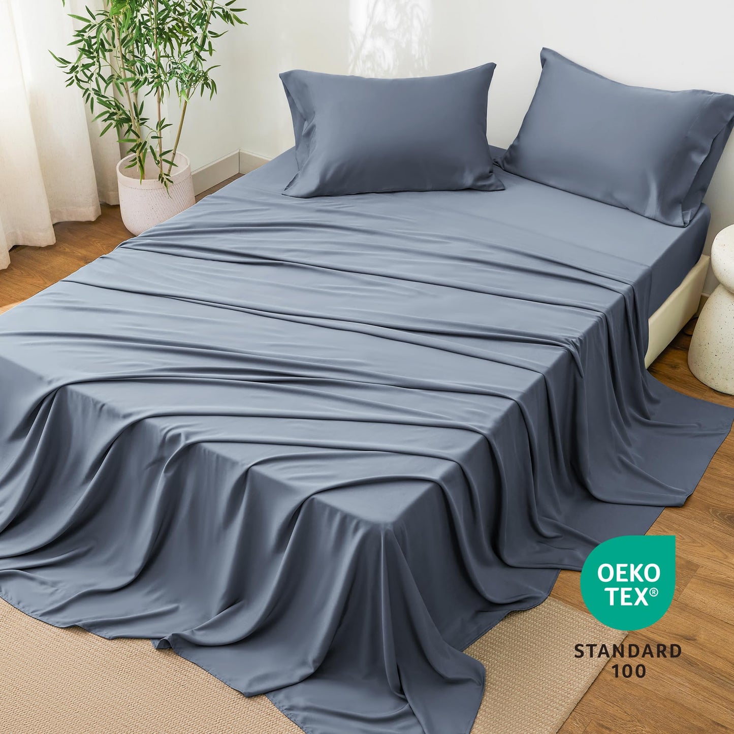 Love's cabin 4 Piece Queen Sheet Set, 100% Rayon Derived from Bamboo, Cooling & Breathable, Soft Silky Deep Pocket up to 16", Hotel Luxury Bedding for Hot Sleepers, Bluish Grey