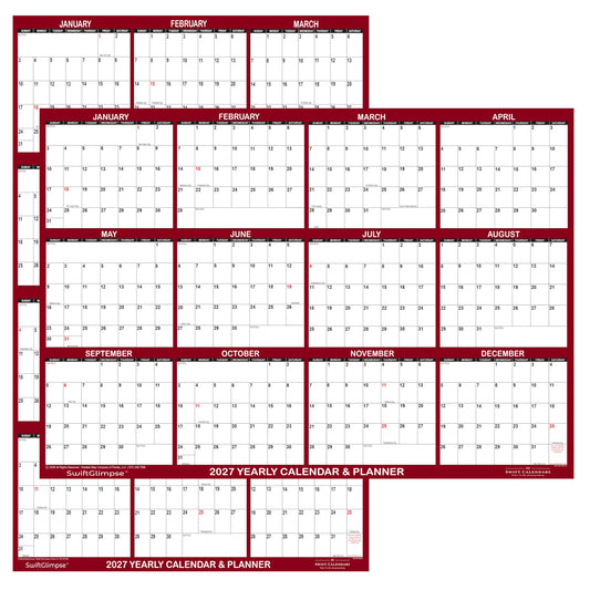 24" x 36" SwiftGlimpse 2027 Wall Calendar Erasable Large Wet & Dry Erase Laminated 12 Month Annual Yearly Wall Planner, Reversible, Horizontal/Vertical, Maroon
