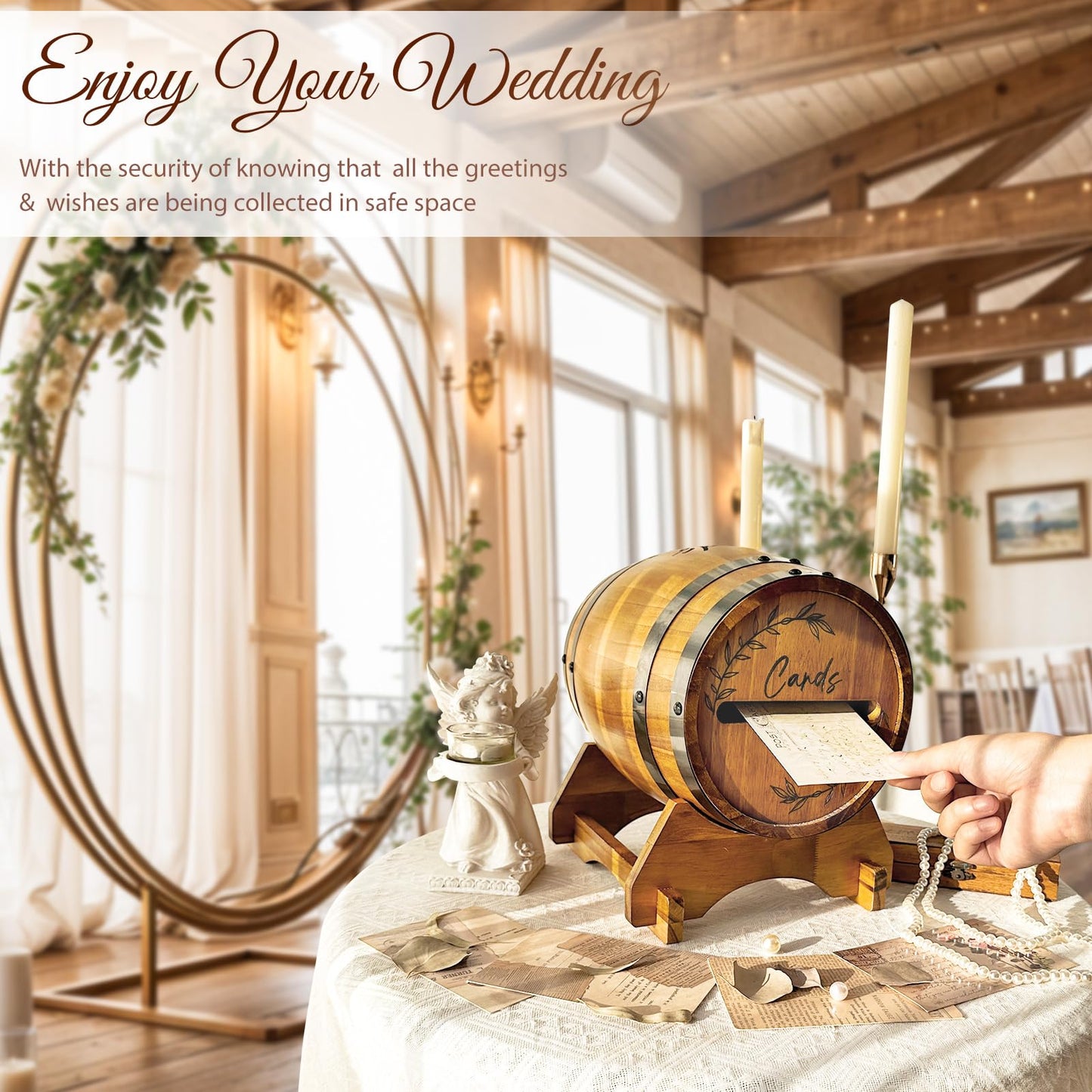 OurWarm Wooden Wedding Card Box for Reception, Whiskey Barrel Gift Card Box for Party, Money Envelope Boxes with Slot & Holder for Graduation Bridal Shower Birthday Wedding Decor