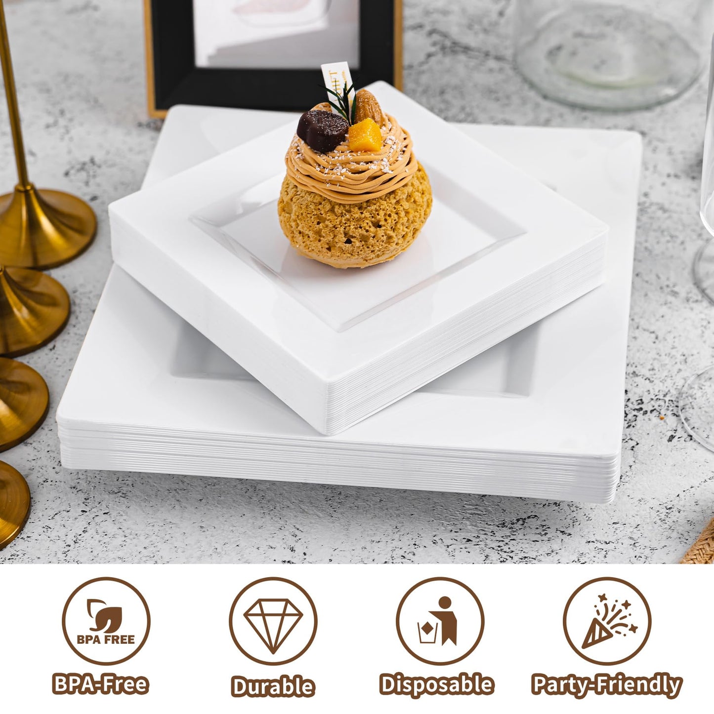 Pryntono 100 Pack White Square Plastic Plates, Includes 50 Dinner Plates 9.5" and 50 Dessert Plates 6.5", Heavy Duty Disposable Plates for Wedding, Holiday Party, Birthday, White