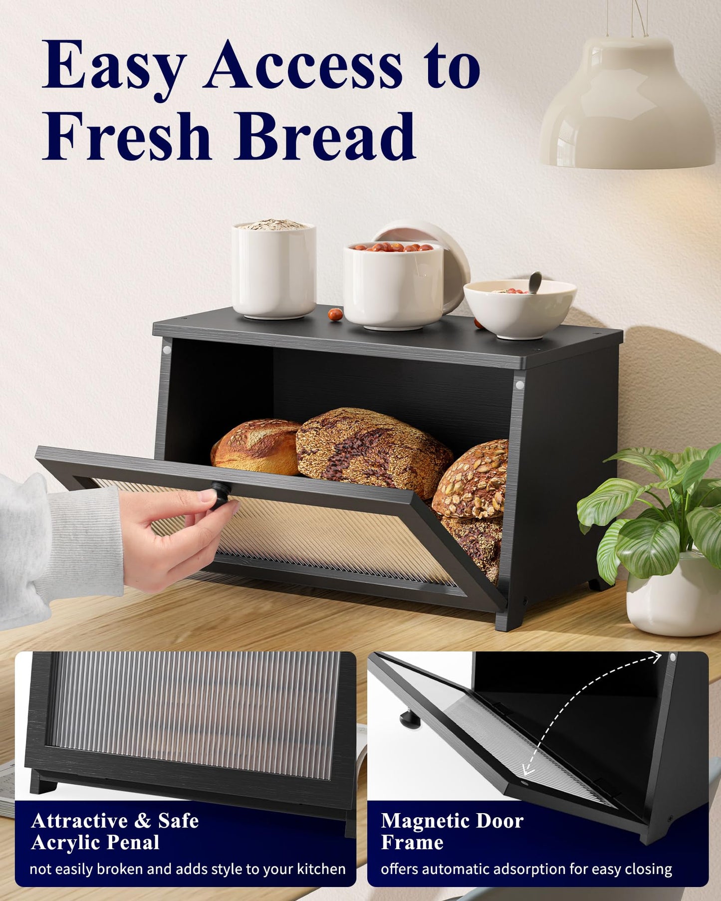 Kitsure Bread Box - Wooden Bread Box for Kitchen Countertop, Large Capacity Kitchen Countertop Organizer, Stylish Bread Storage with Window, Multi-functional Container, Black, 1-Tier