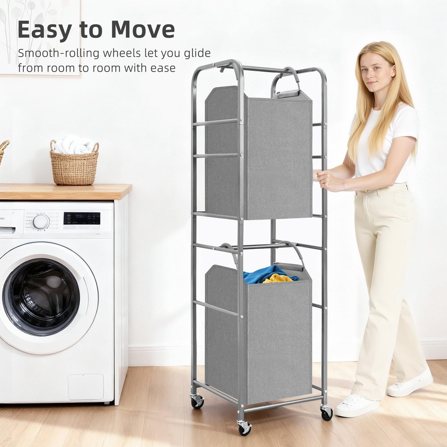 STORAGE MANIAC 2 Tier Vertical Laundry Hamper, 2 Section Laundry Sorter with 2 Removable Tote Bags, Rolling Clothes Basket for Towels, Blankets, Tall Dirty Clothes Hamper for Closet, Bathroom, 2 Bags