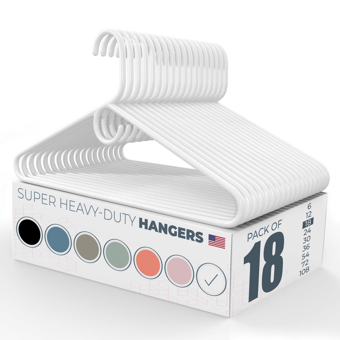 Neaties Super Heavy Duty Clothes Hangers 18 Pack – Made in the USA - 10lb Capacity, Thick Plastic Hangers for Pants, Coats, Jackets, Jeans and Adult Clothing – White