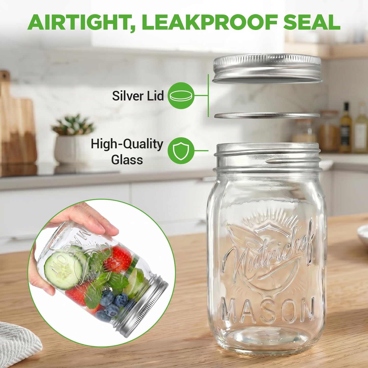 NutriChef 8-Pack 16 oz Mason Jars with Lids - Thick Glass Canning Jars with Stainless Steel Lids - Ideal for DIY Spices, Meal Prep, Overnight Oats, Jelly, Jam, Honey, Candles, Crafts, & More