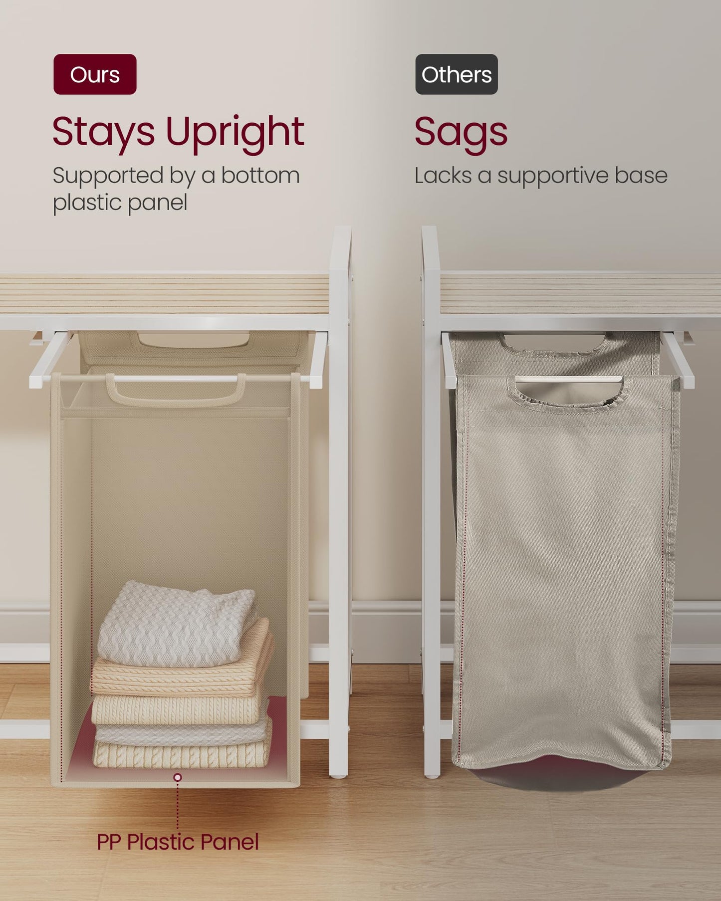 VASAGLE Laundry Hamper, Laundry Basket Sorter with 2 Pull-Out and Removable Bags, Shelf, Metal Frame, 2 x 12.1 Gallons (46 L), 28.8 x 13 x 28.4 Inches, Cappuccino Beige and Natural Beige UBLH201LH01