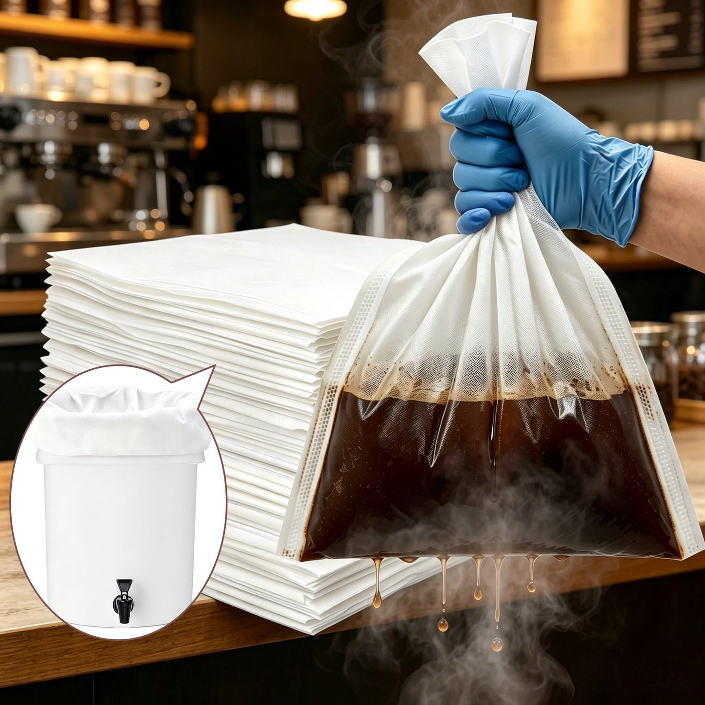 Large Commercial Cold Brew Filter Bags - 20"x20" 50-Pack | Zero‑Leak 24H & 30% Thicker PET Safe up to 300°F - Traps 99% Fine Grounds for Smooth & Clean Coffee - Holds 5 LBS for 5-Gallon Bucket