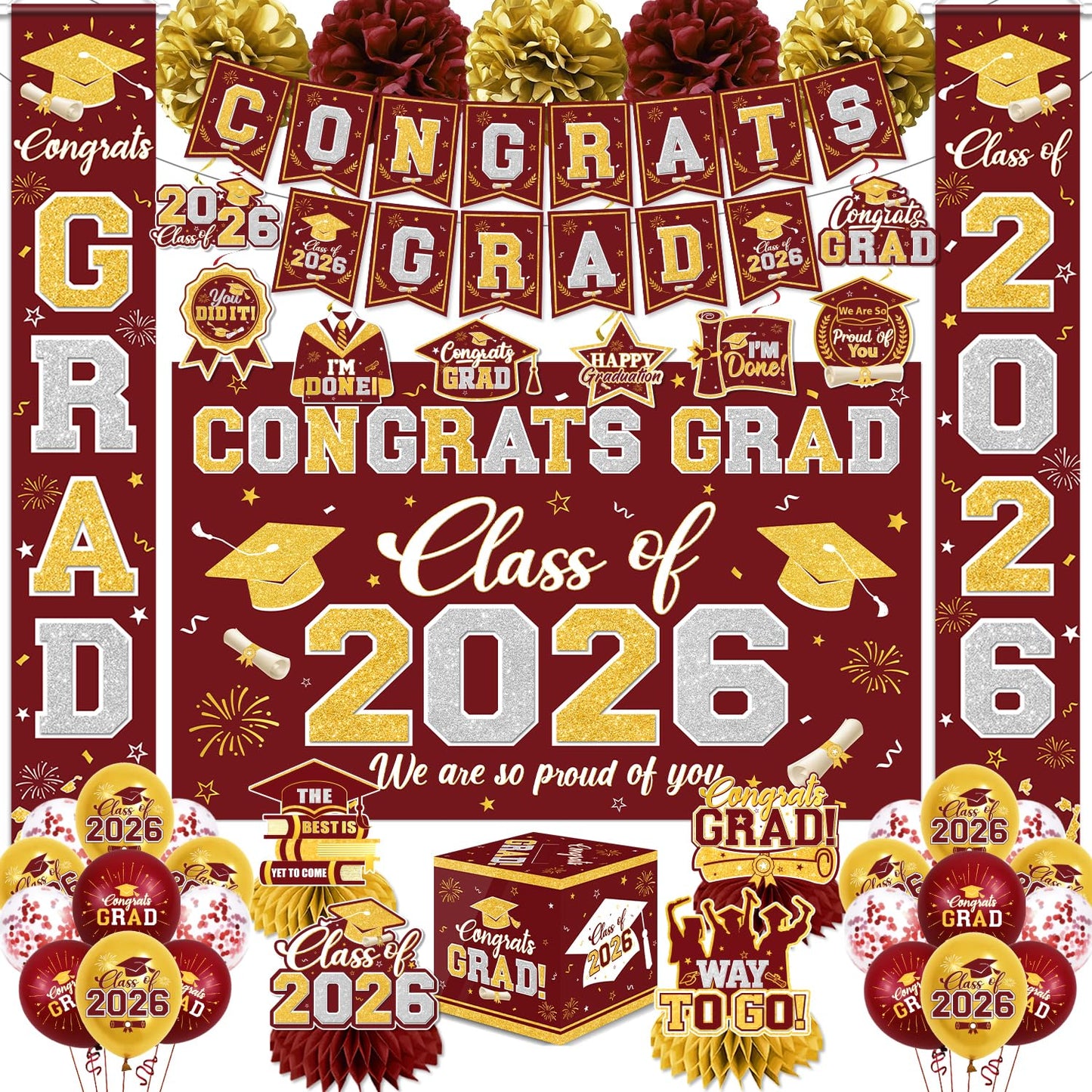 Graduation Decorations Class of 2026 Maroon and Gold Graduation Decorations with Congrats Grad Banner,Backdrop,Porch Sign,Balloons,Hanging Swirls,Honeycomb Centerpieces,Box for Graduation Party Decor