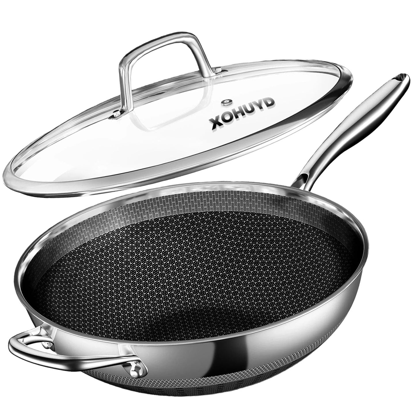 Wok Pan, 13-Inch Stainless Steel Woks & Stir-Fry Pans Nonstick, Wok Pan with Lid for Induction, Hybrid，Electric, Gas, Halogen, All Stoves, Professional PFOA Free Cookware, Dishwasher & Fast Heat