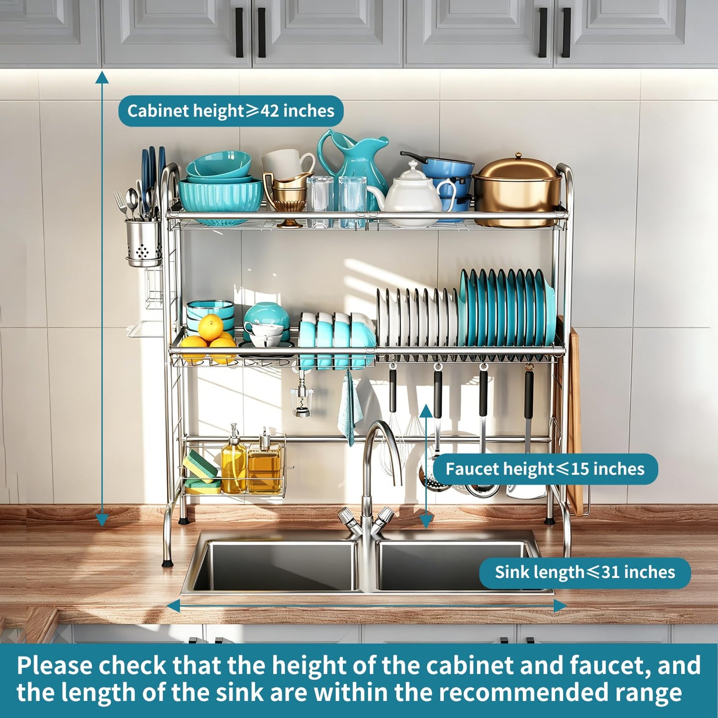HOWDIA Stainless Steel 2-Tier Over The Sink Dish Drying Rack with Utensil Holder, Large, for Kitchen Counter