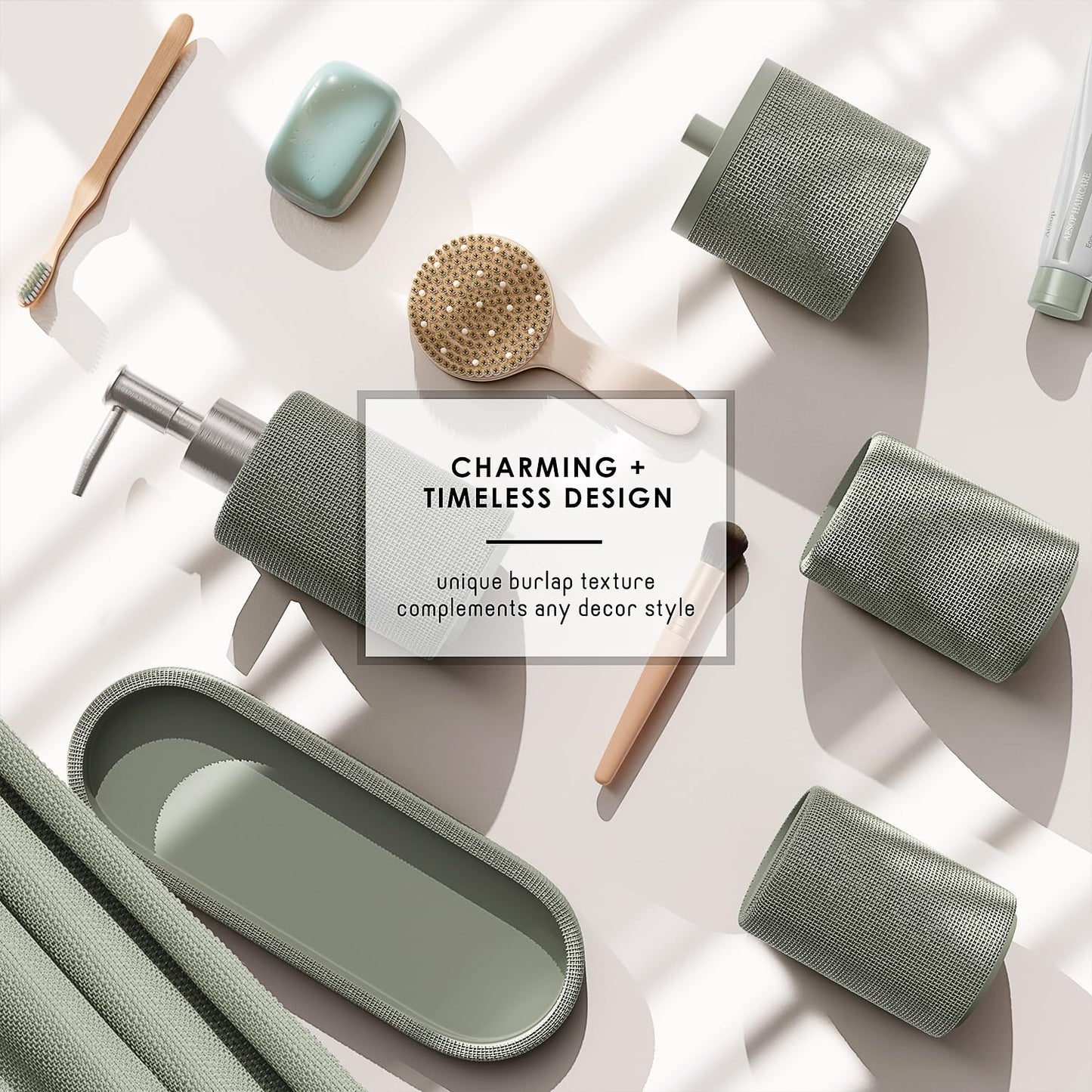 Clara Clark Sage Green Bathroom Set - Bathroom Accessories Set, 19PC Bathroom Accessory Set, Bathroom Sets with Shower Curtain Set, Soap Dispenser & Toothbrush Holder