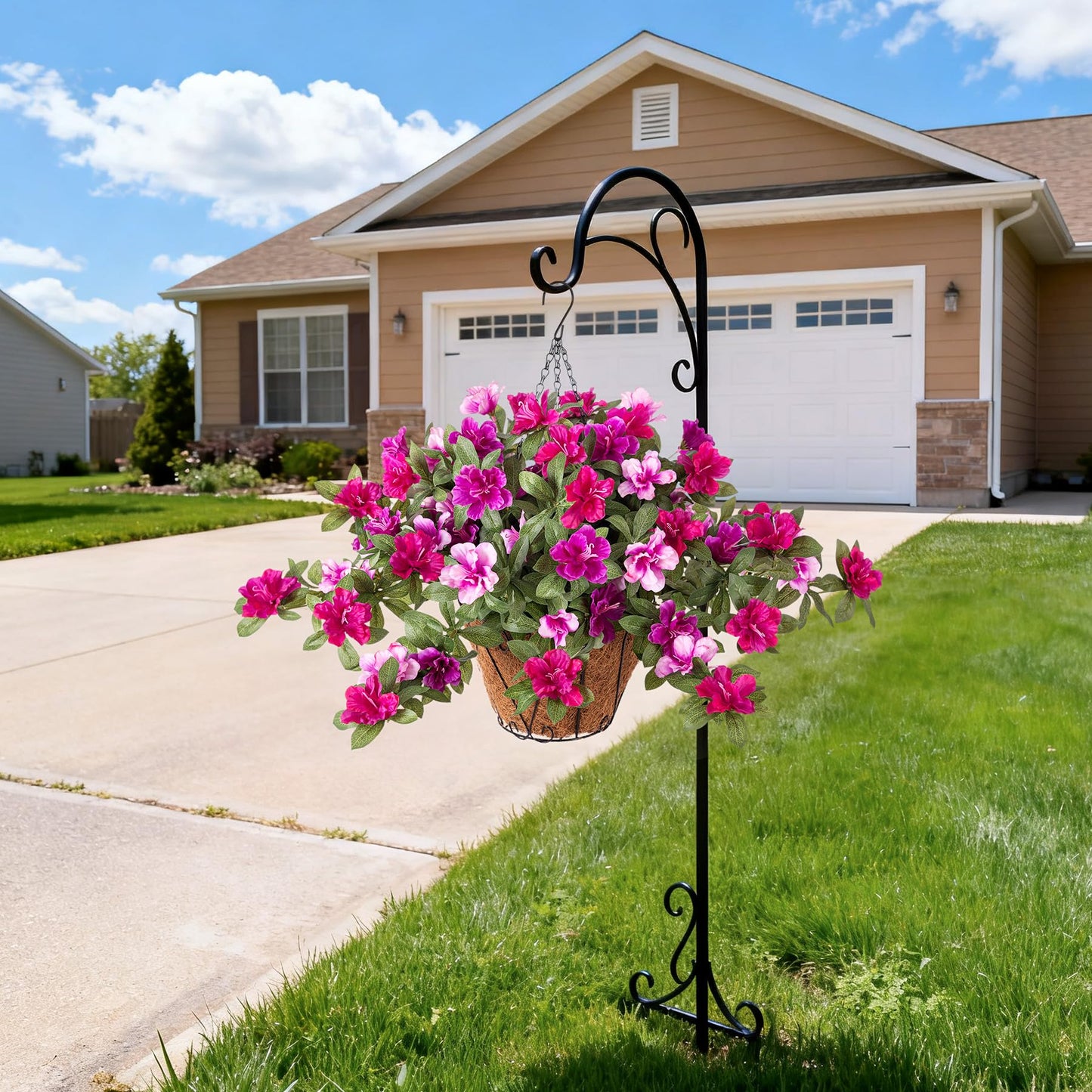 Ammyoo Artificial Hanging Flowers for Outdoors Hanging Baskets, 3 Pcs Fake Silk Flower with Hanging Baskets Planter for Spring Summer Garden Porch Patio Yard Outside Decor