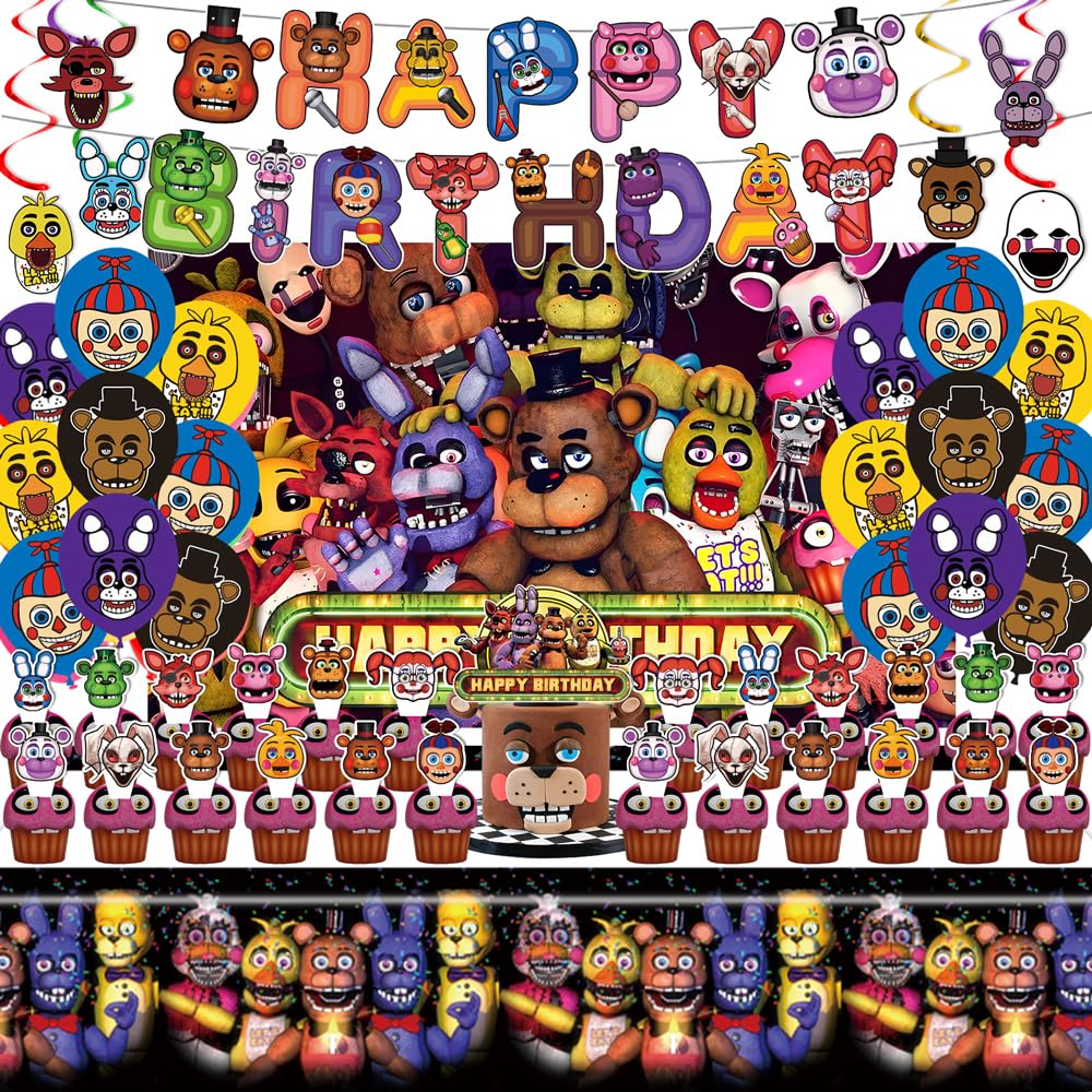 Freddy's Birthday Decorations, Party Supplies Set Include Banner, Backdrop, Balloons, Hanging Swirls, Cake Cupcake Toppers, Tablecloth for Boys Girls Five Nights Theme Party
