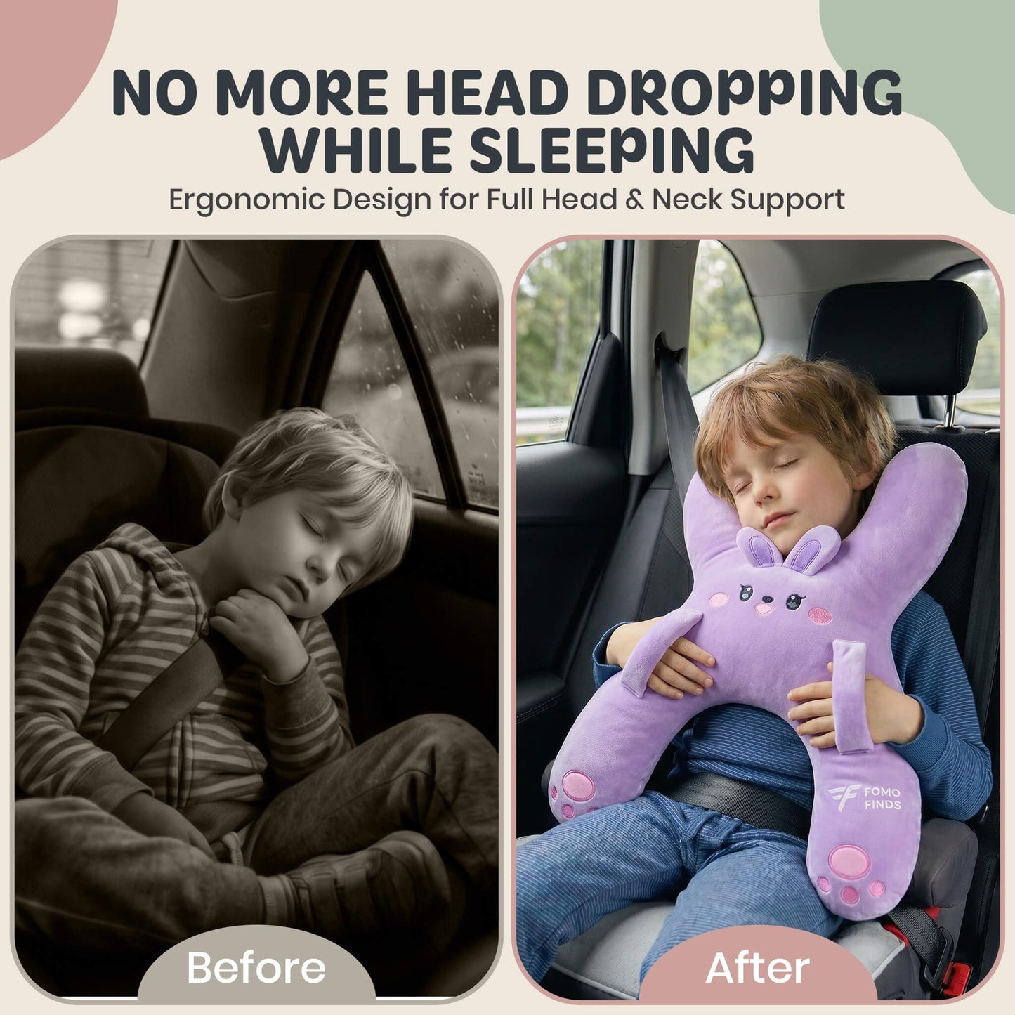 FOMO Finds Kids Car Sleeping Pillow - X-Shaped Plush Animal for Neck & Back Support - Hands & Seat Belt Slot - Machine Washable & Compressible - Perfect for Car, Plane, Train, Boat & More - Purple