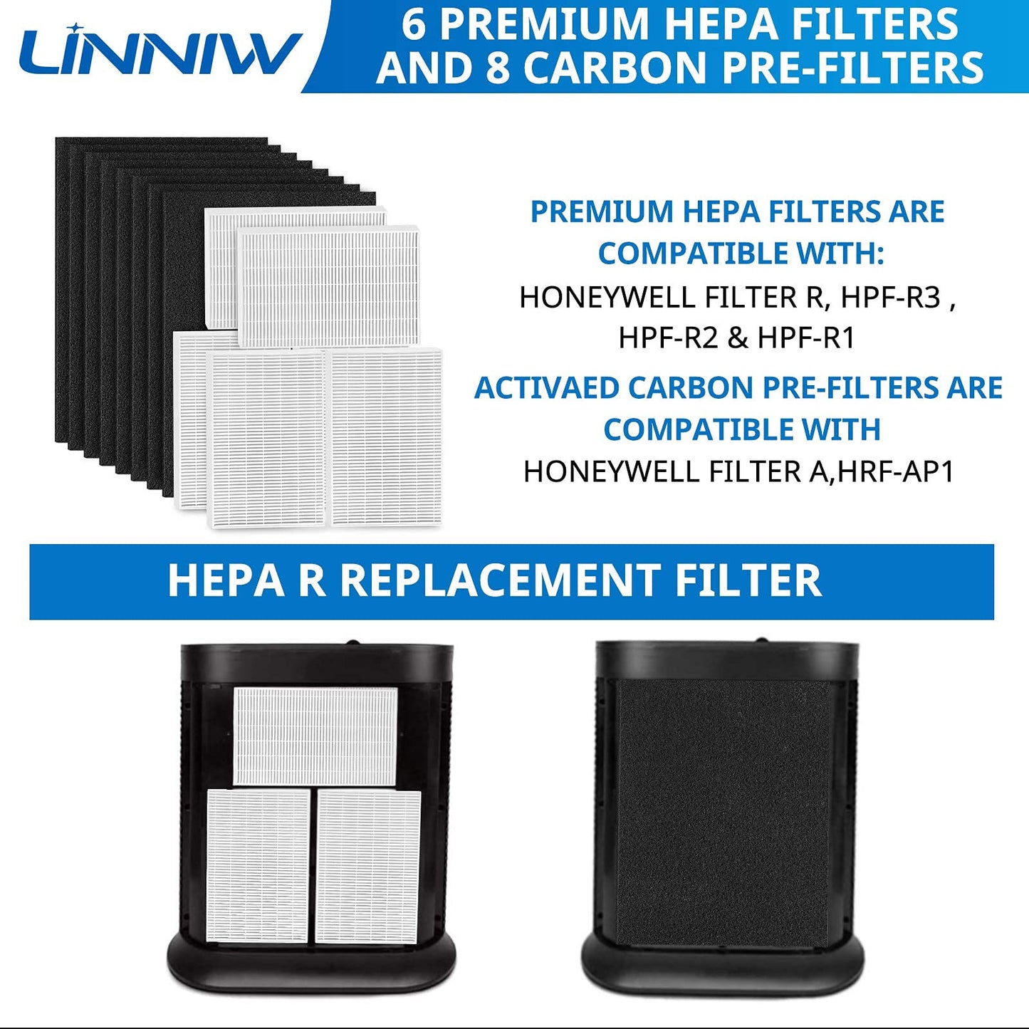 HPA300 Filter R replacement for Honeywell HPA300, HPA200, HPA100, HPA090 Series Air Purifiers, Replace #HRF-R3, HRF-R2, HRF-R1 (6 HEPA Filter R + 8 Activated Carbon Pre-Filter)